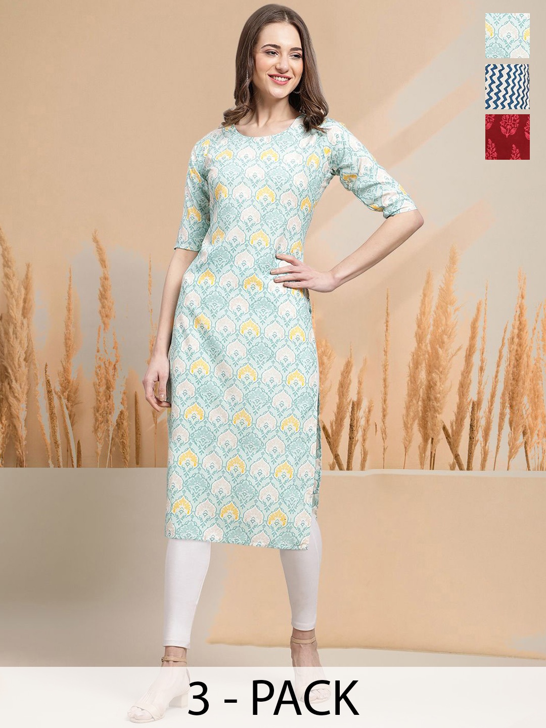 

7Threads Selection Of 3 Ethnic Motifs Printed Round Neck Straight Kurtas, Blue