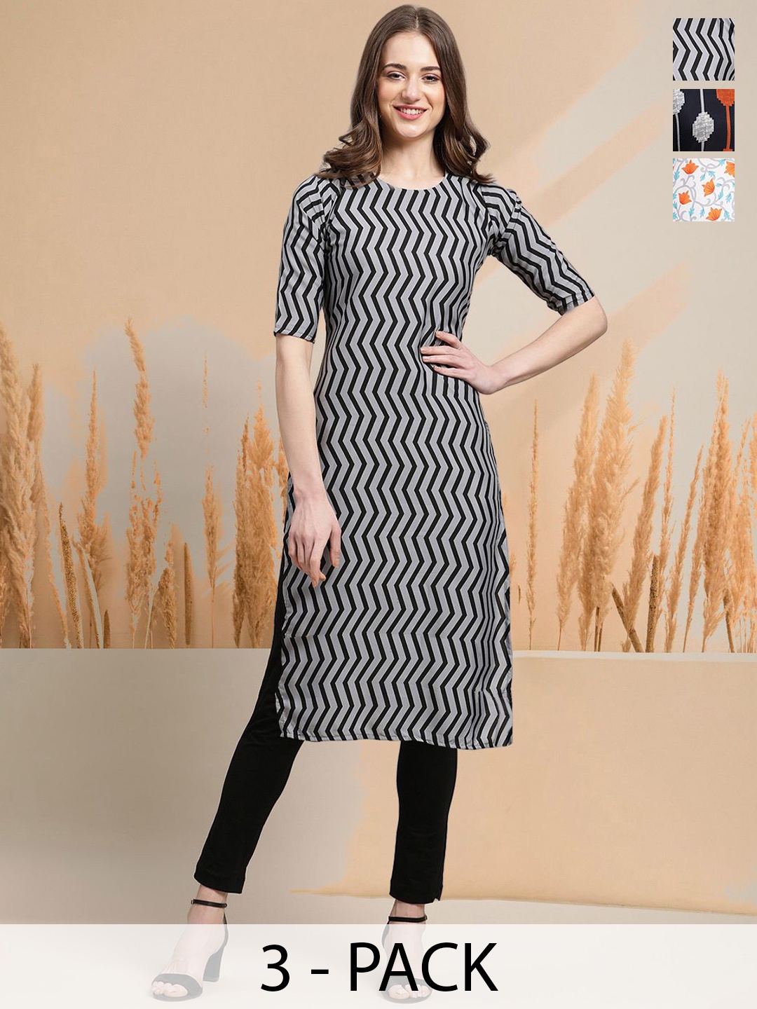 

7Threads Selection of 3 Chevron Printed Round Neck Straight Kurtas, Black