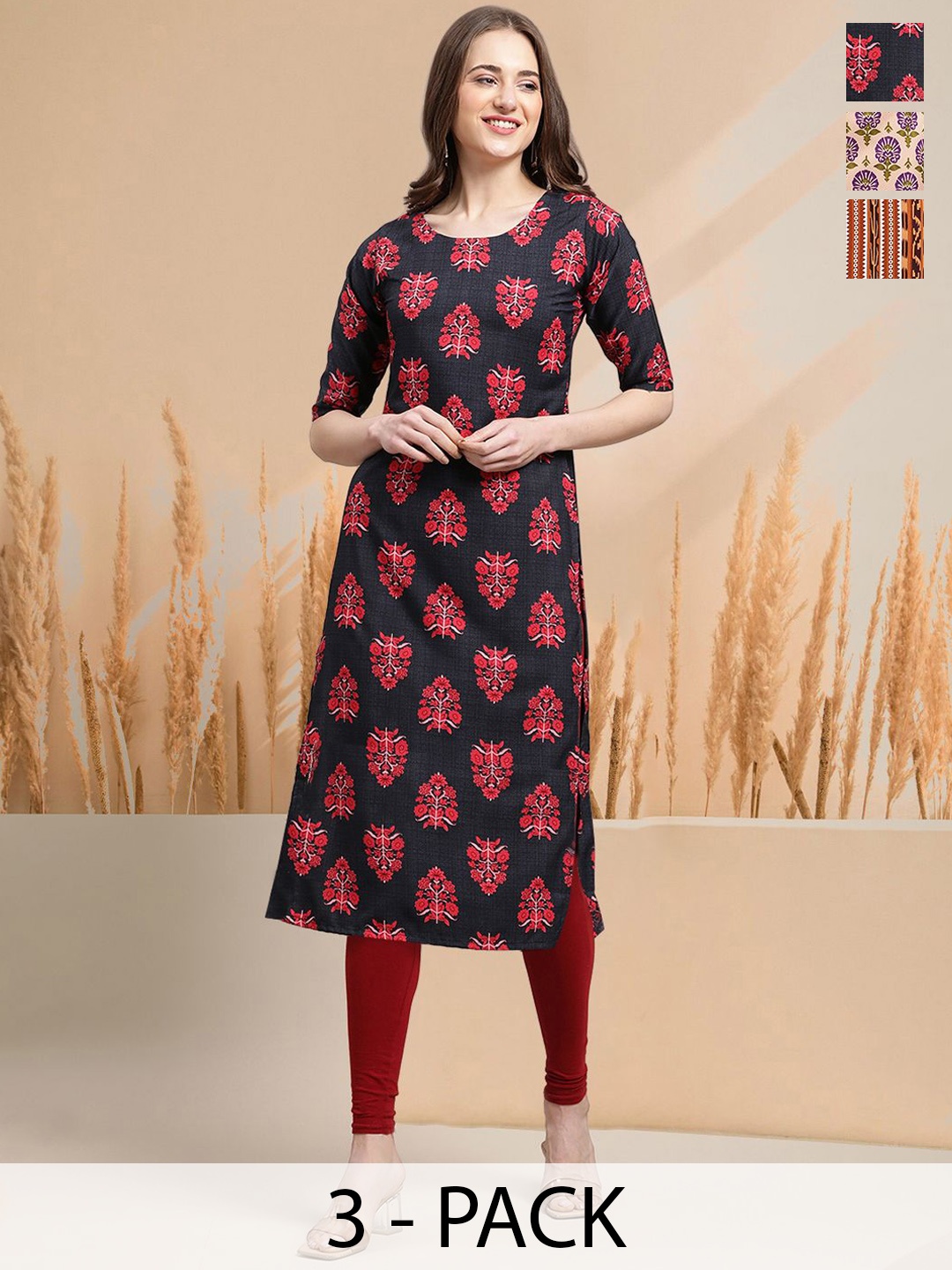 

7Threads Selection Of 3 Floral Printed Round Neck Straight Kurtas, Red