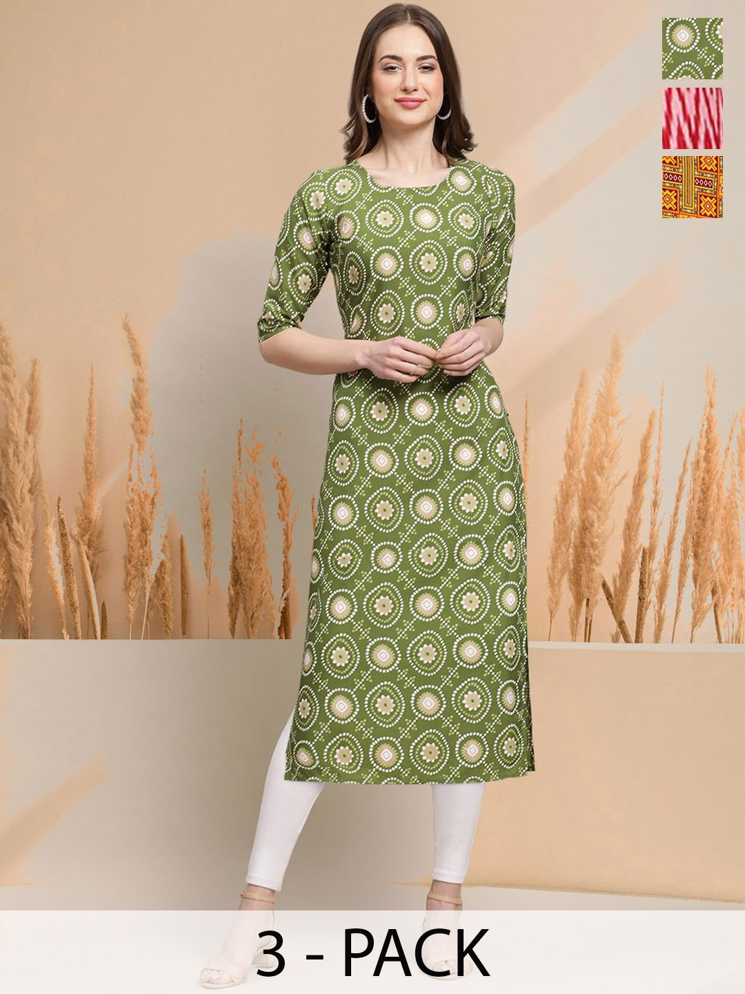 

7Threads Selection Of 3 Floral Printed Round Neck Straight Kurtas, Green