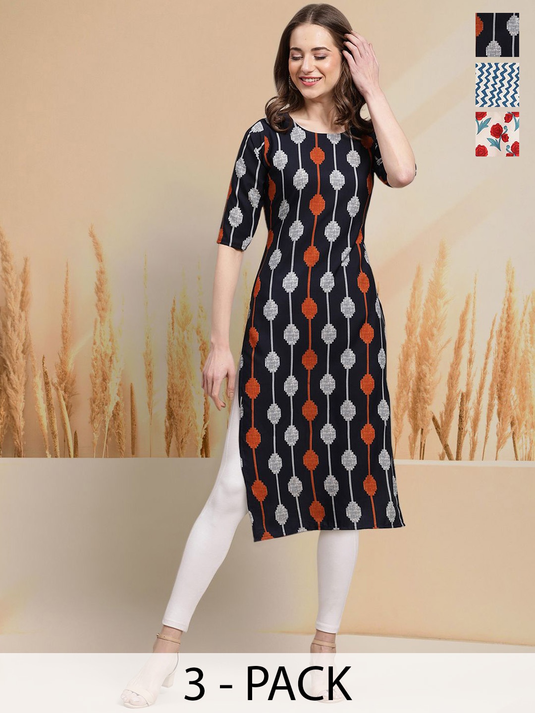 

7Threads Selection Of 3 Ethnic Motifs Printed Round Neck Straight Kurtas, Black