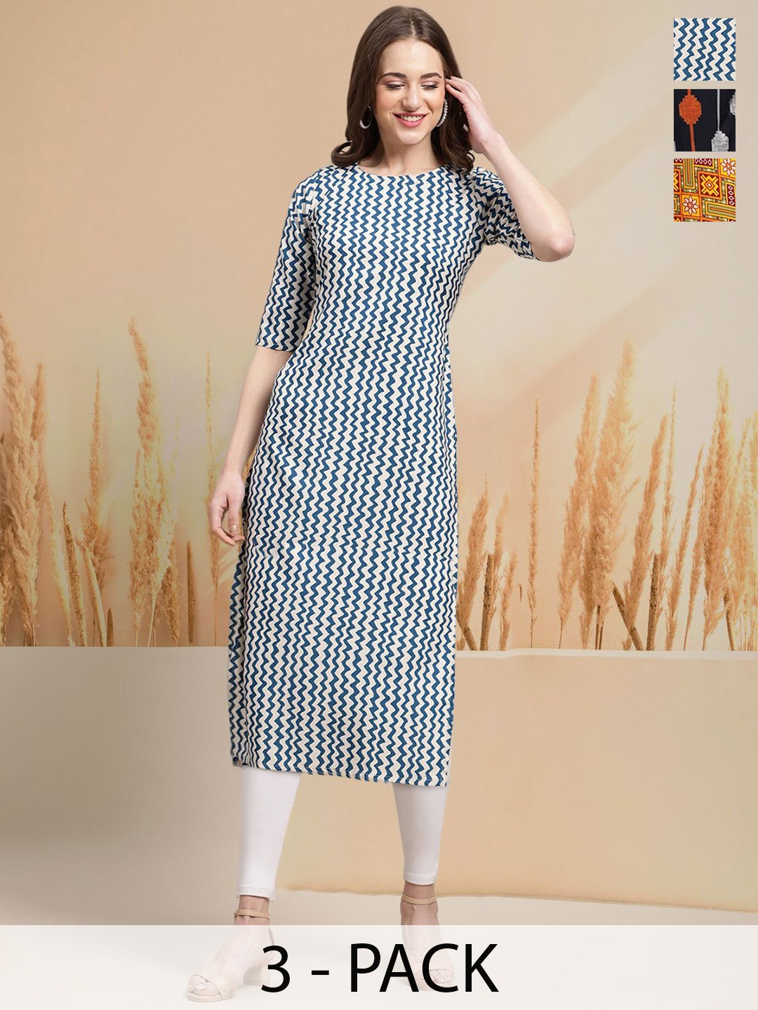 

7Threads Selection Of 3 Chevron Printed Round Neck Kurta, Blue