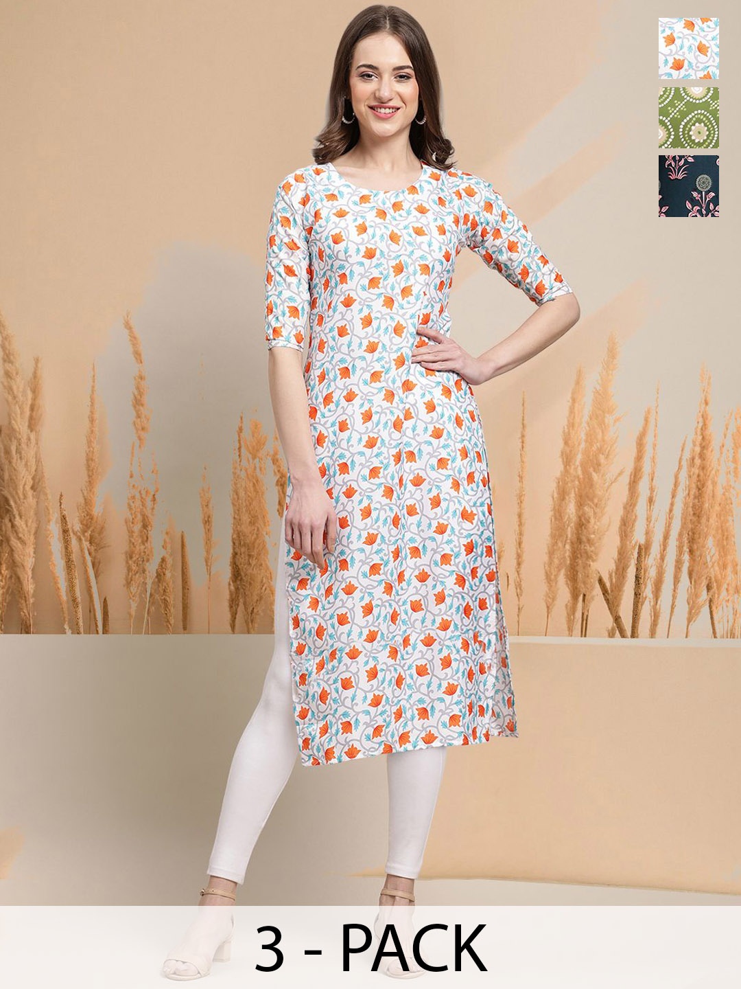 

7Threads Selection Of 3 Floral Printed Round Neck Straight Kurtas, White