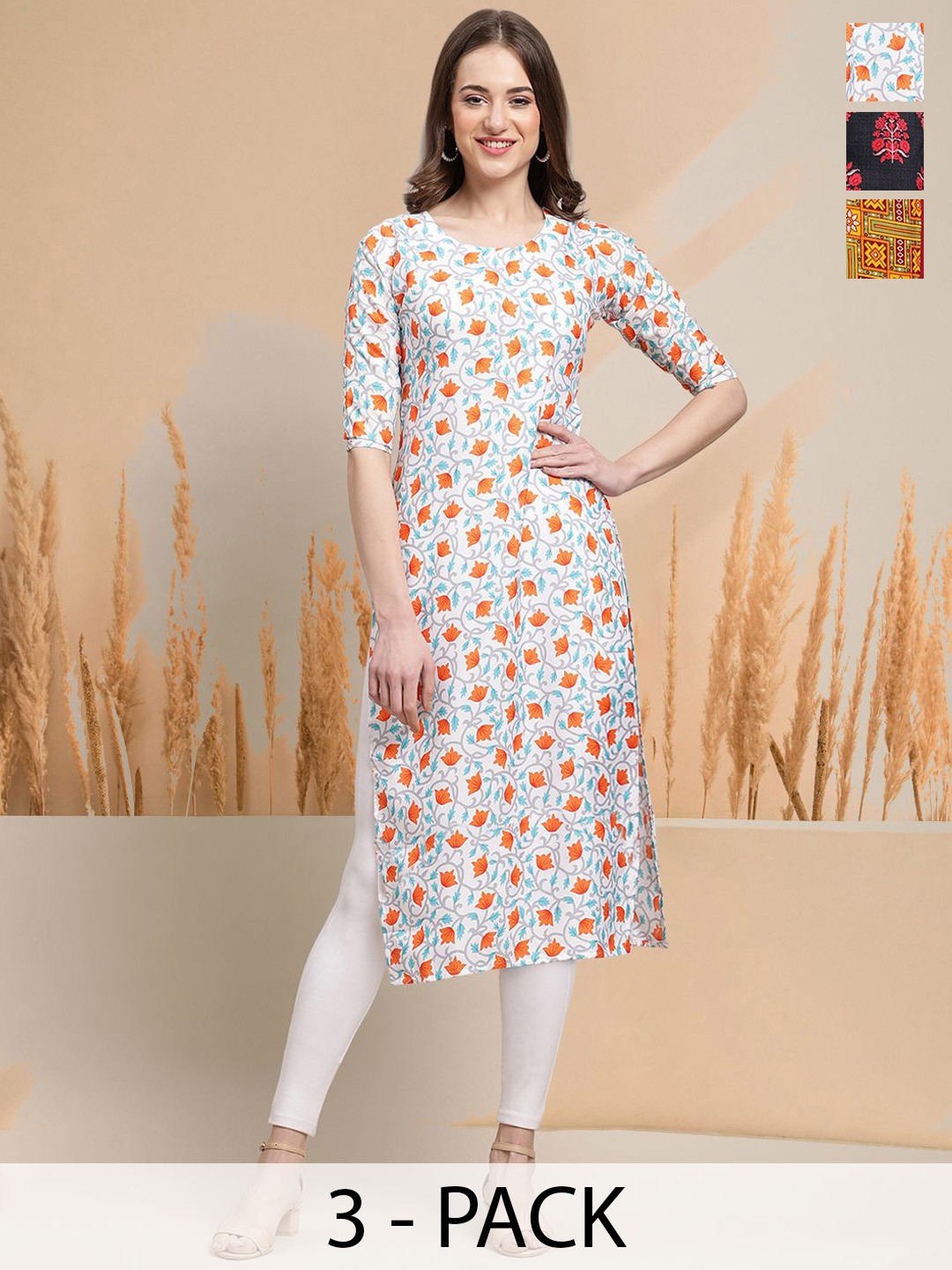 

7Threads Selection Of 3 Ethnic Motifs Printed Round Neck Kurtas, White