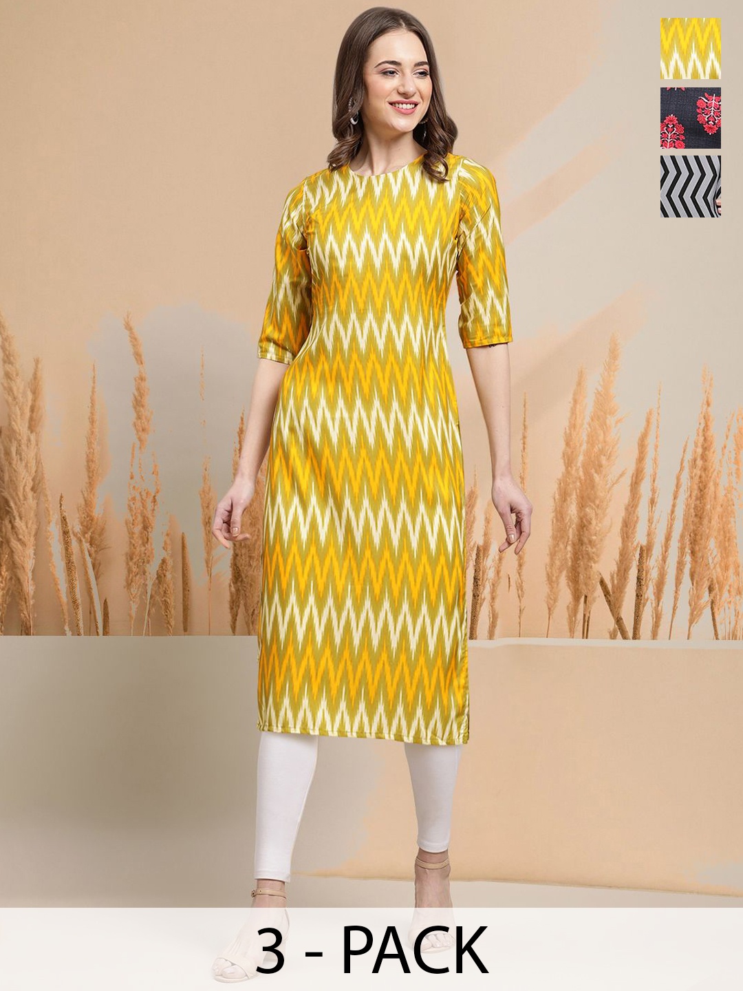 

7Threads Selection Of 3 Chevron Printed Round Neck Straight Kurtas, Yellow