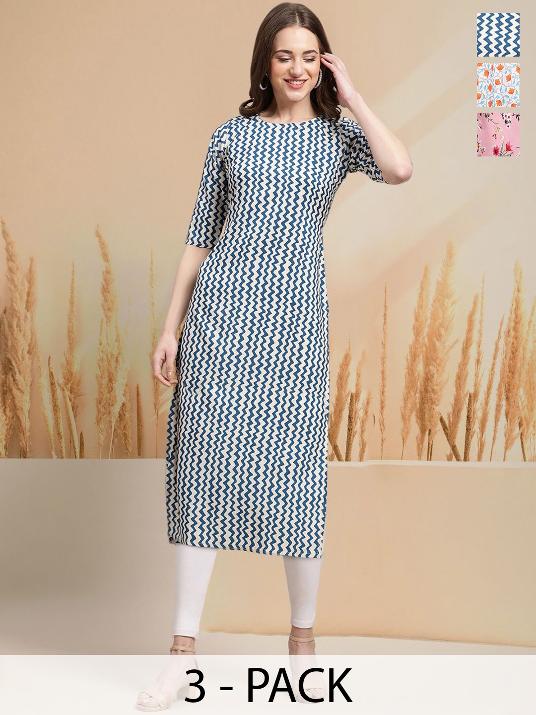 

7Threads Selection Of 3 Chevron Printed Round Neck Straight Kurtas, Blue