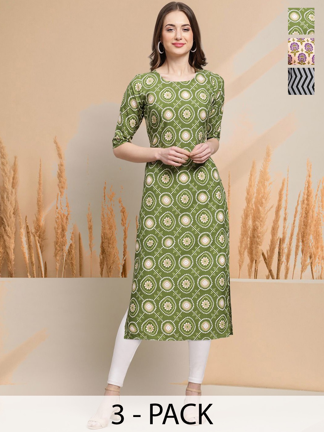 

7Threads Selection Of 3 Ethnic Motifs Printed Round Neck Straight Kurtas, Green