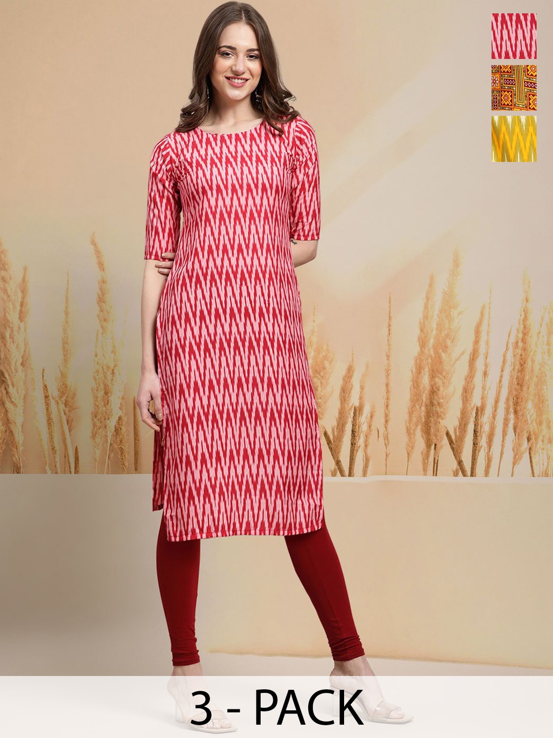 

7Threads Selection Of 3 Geometric Printed Round Neck Straight Kurtas, Pink