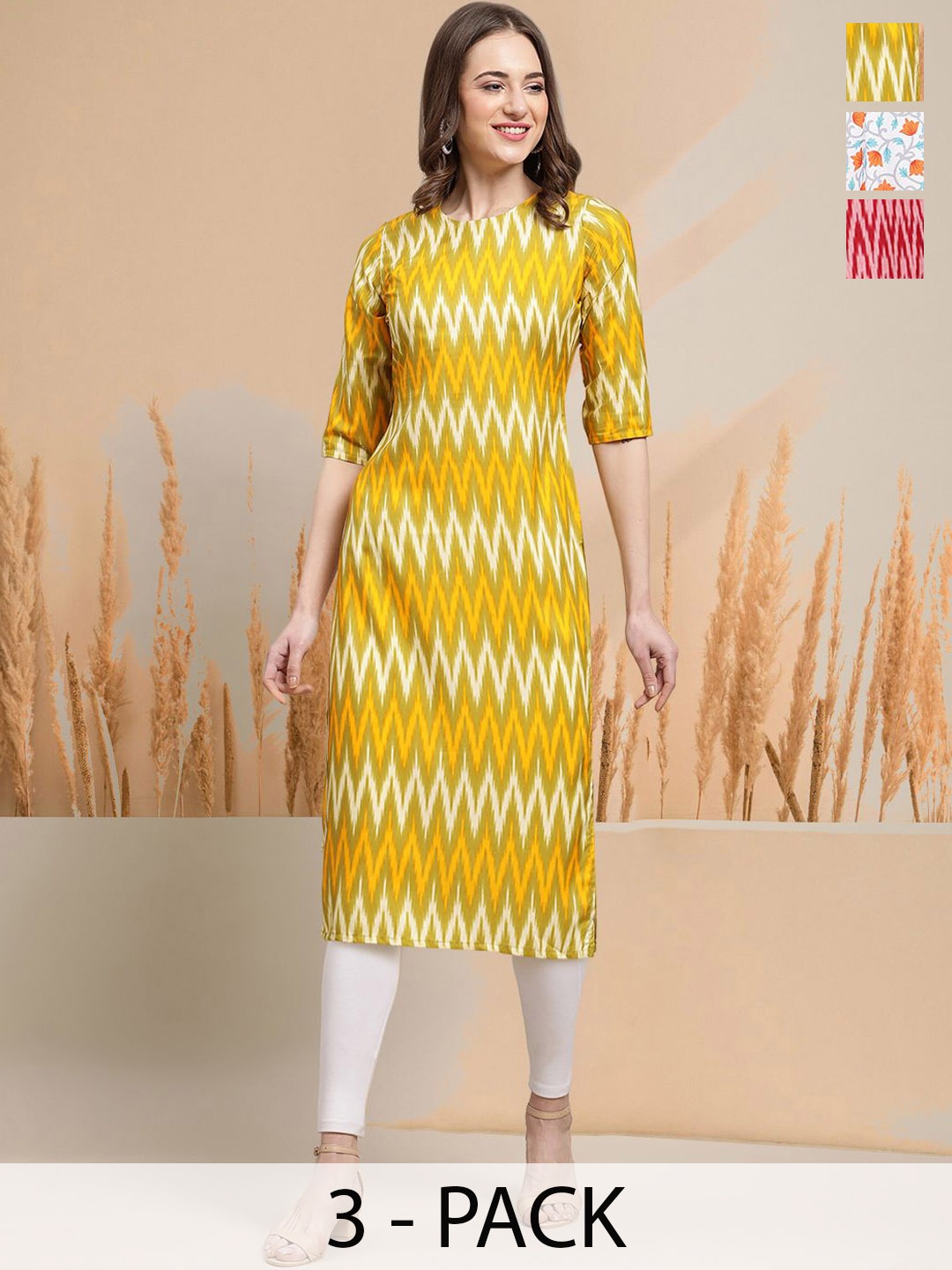 

7Threads Selection Of 3 Chevron Printed Round Neck Straight Kurtas, Yellow