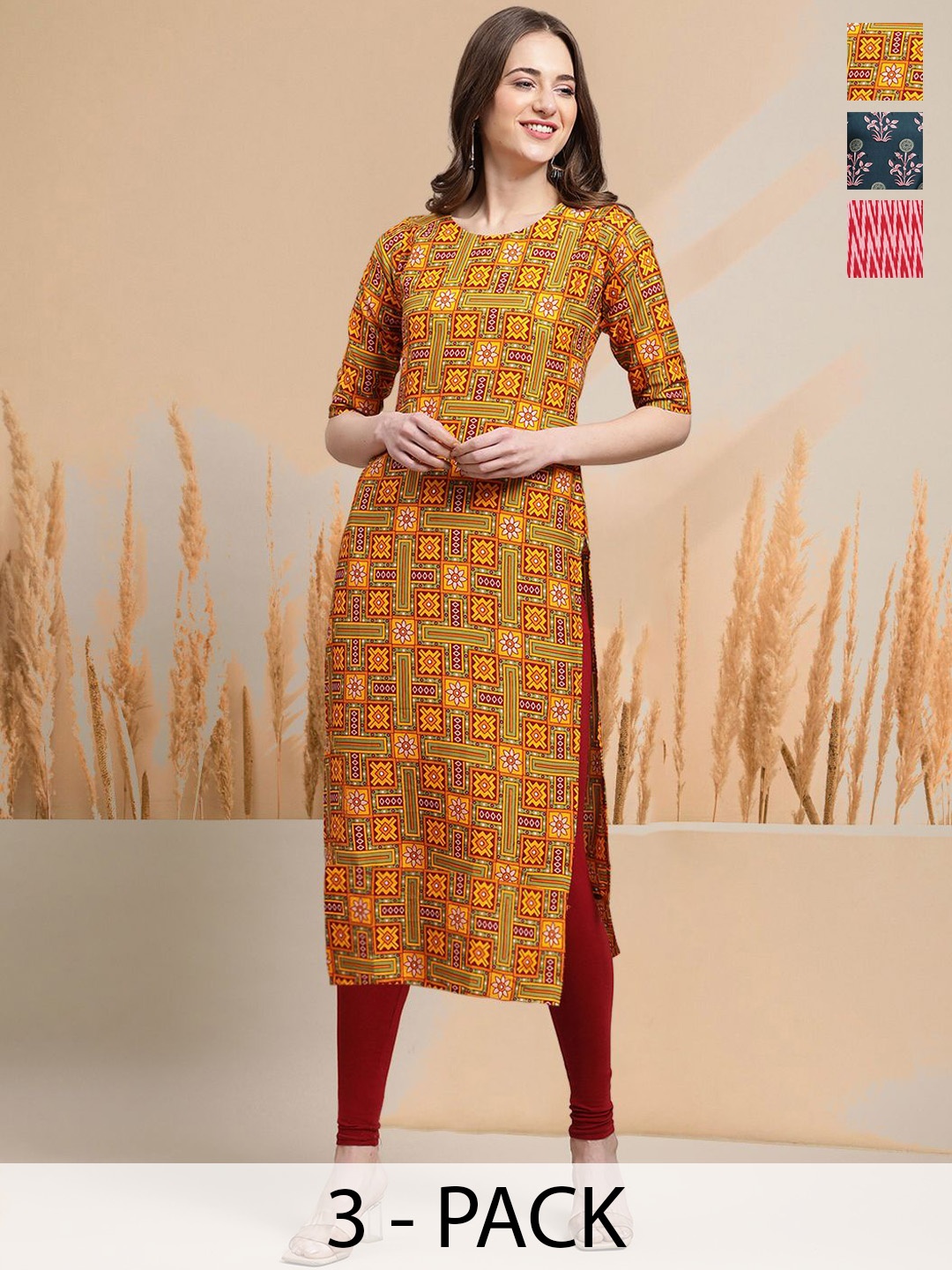 

7Threads Selection of 3 Ethnic Motifs Printed Round Neck Straight Kurtas, Yellow