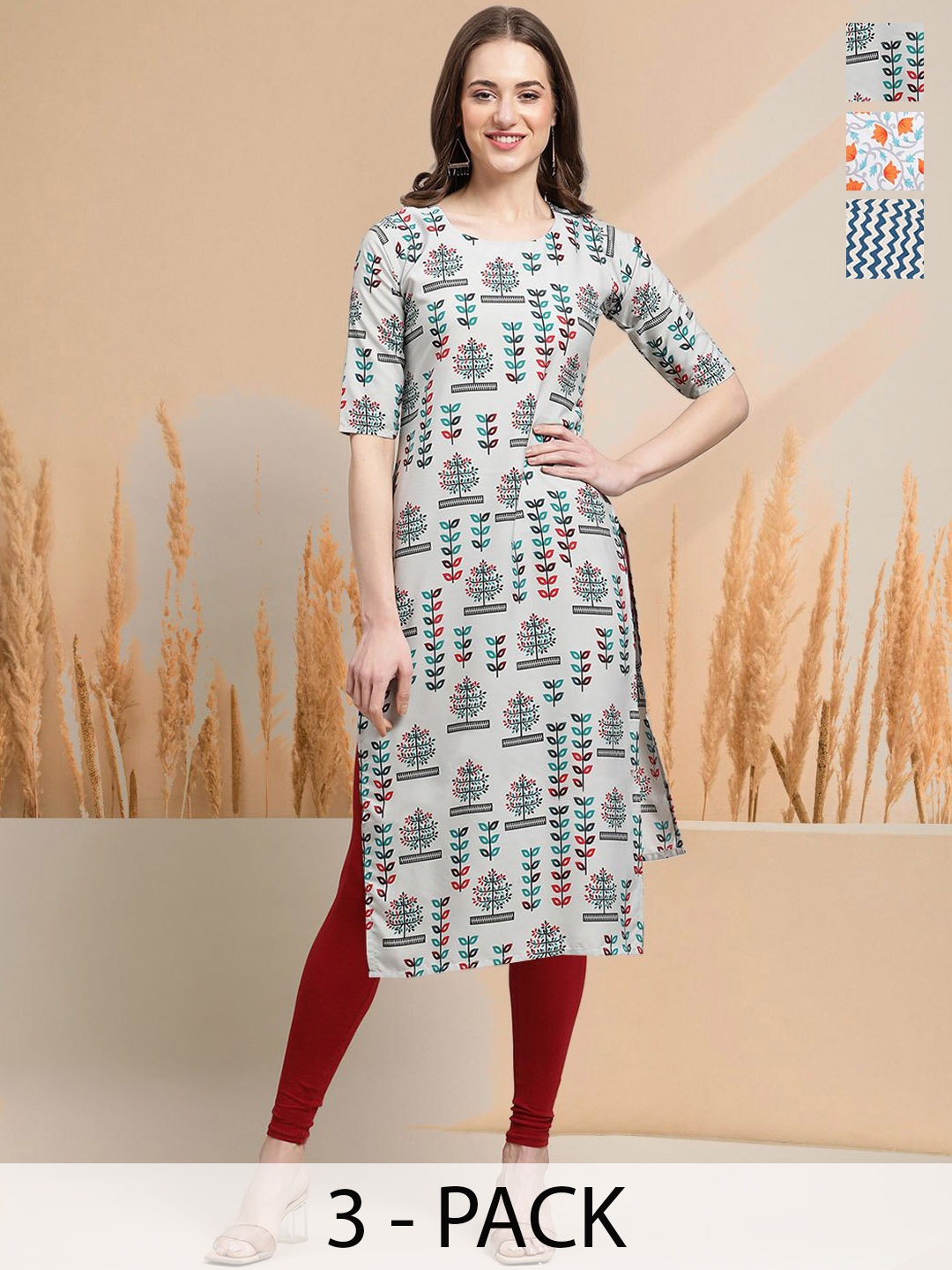 

7Threads Selection Of 3 Ethnic Motifs Printed Round Neck Straight Kurtas, Grey