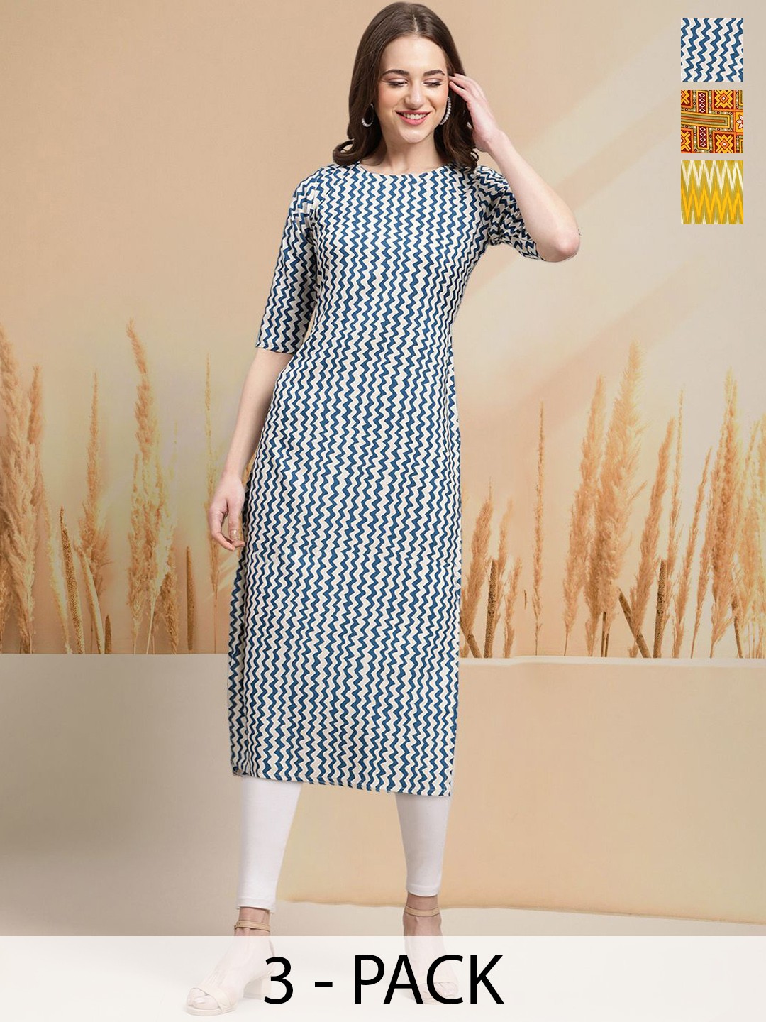 

7Threads Selection Of 3 Chevron Printed Round Neck Straight Kurtas, White