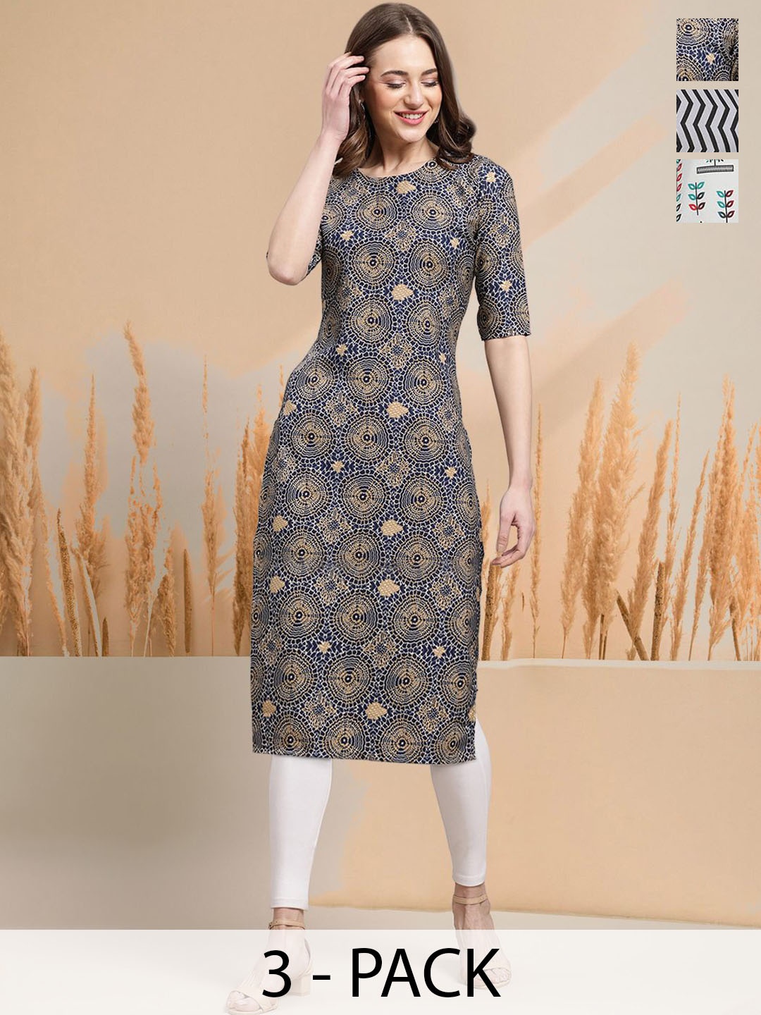 

7Threads Selection Of 3 Geometric Printed Round Neck Straight Kurtas, Navy blue