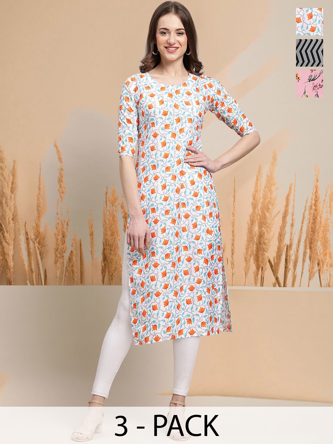 

7Threads Selection Of 3 Ethnic Motifs Printed Round Neck Straight Kurtas, White