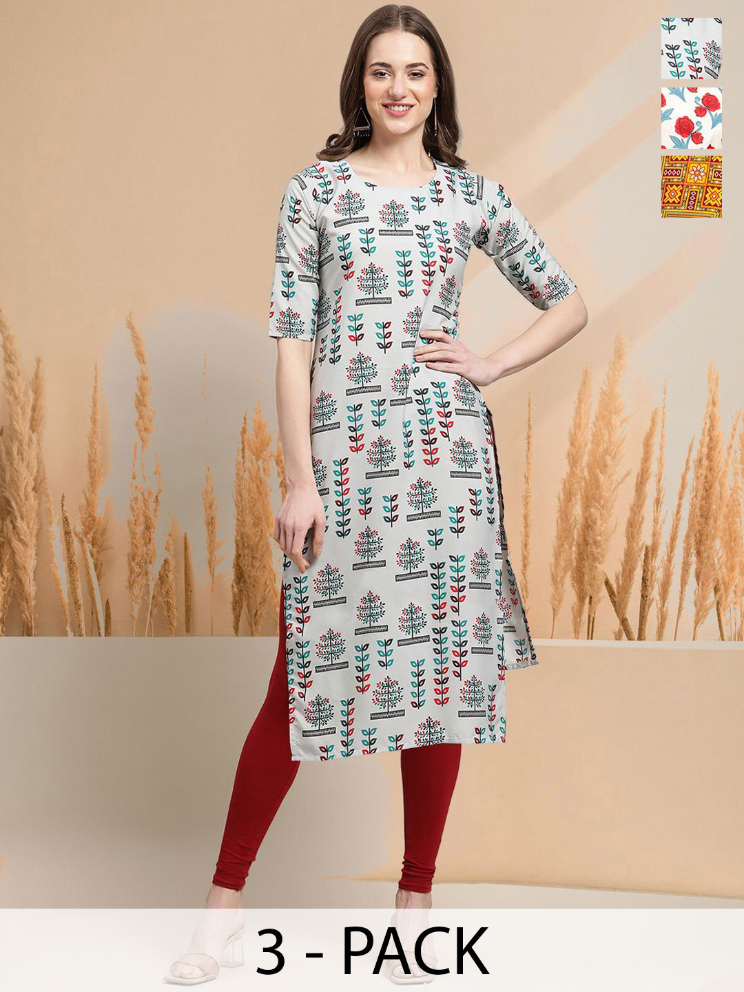 

7Threads Selection of 3 Floral Printed Round Neck Straight Kurtas, Grey