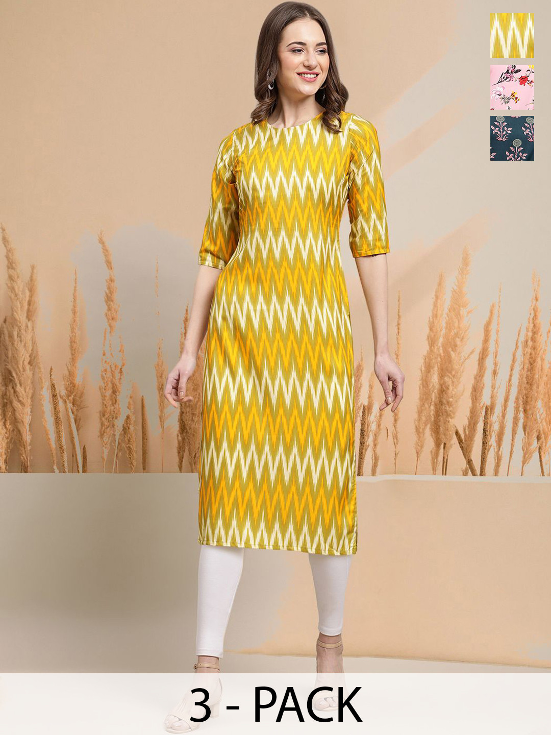 

7Threads Selection Of 3 Chevron Printed Round Neck Straight Kurtas, Yellow