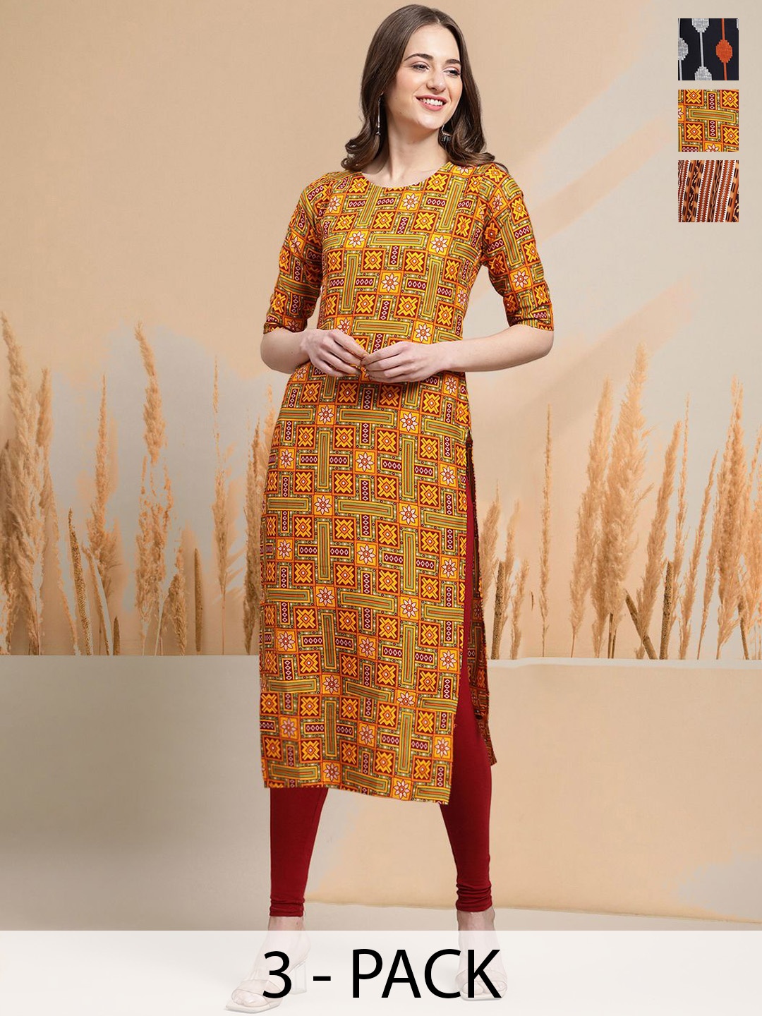 

7Threads Selection Of 3 Ethnic Motifs Printed Round Neck Straight Kurtas, Orange