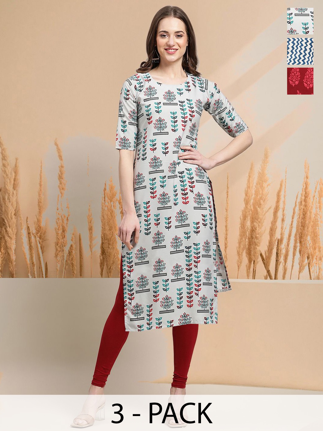 

7Threads Selection Of 3 Floral Printed Round Neck Straight Kurtas, Grey