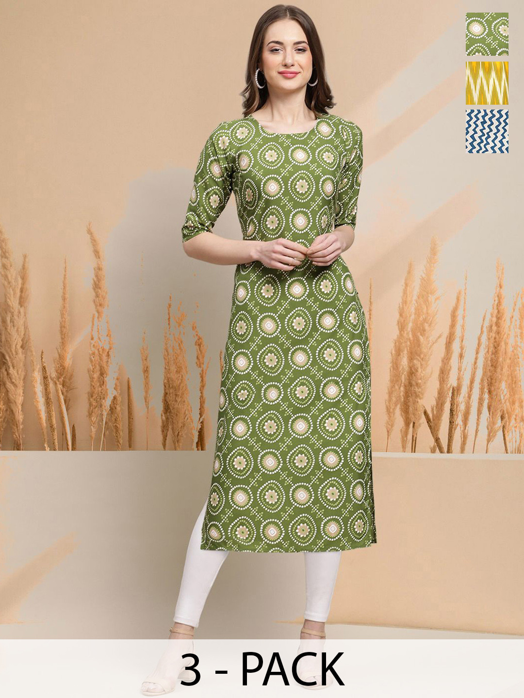 

7Threads Selection Of 3 Geometric Printed Round Neck Straight Kurtas, Green