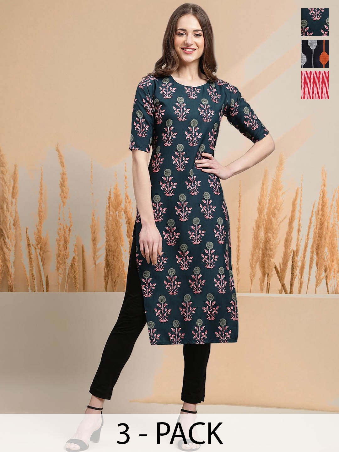 

7Threads Selection Of 3 Floral Printed Round Neck Straight Kurtas, Green