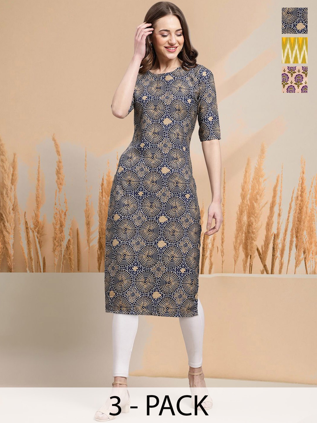 7Threads Selection Of 3 Floral Printed Round Neck Straight Kurtas, Blue