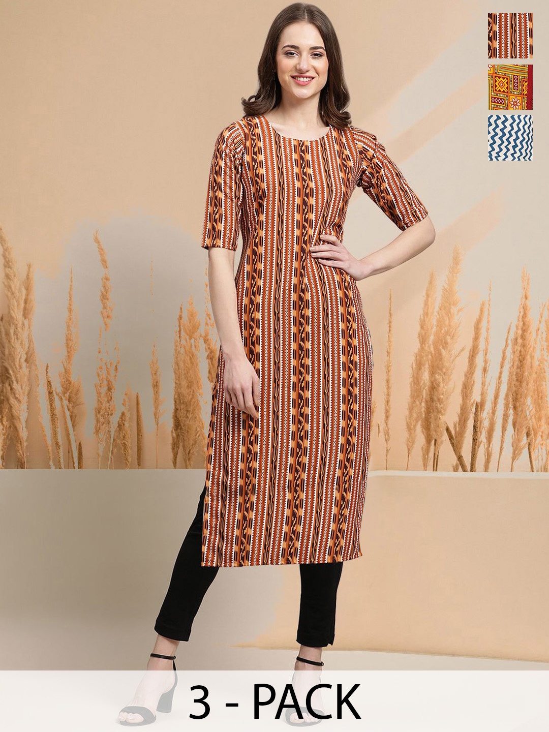 

7Threads Selection Of 3 Geometric Printed Round Neck Straight Kurtas, White