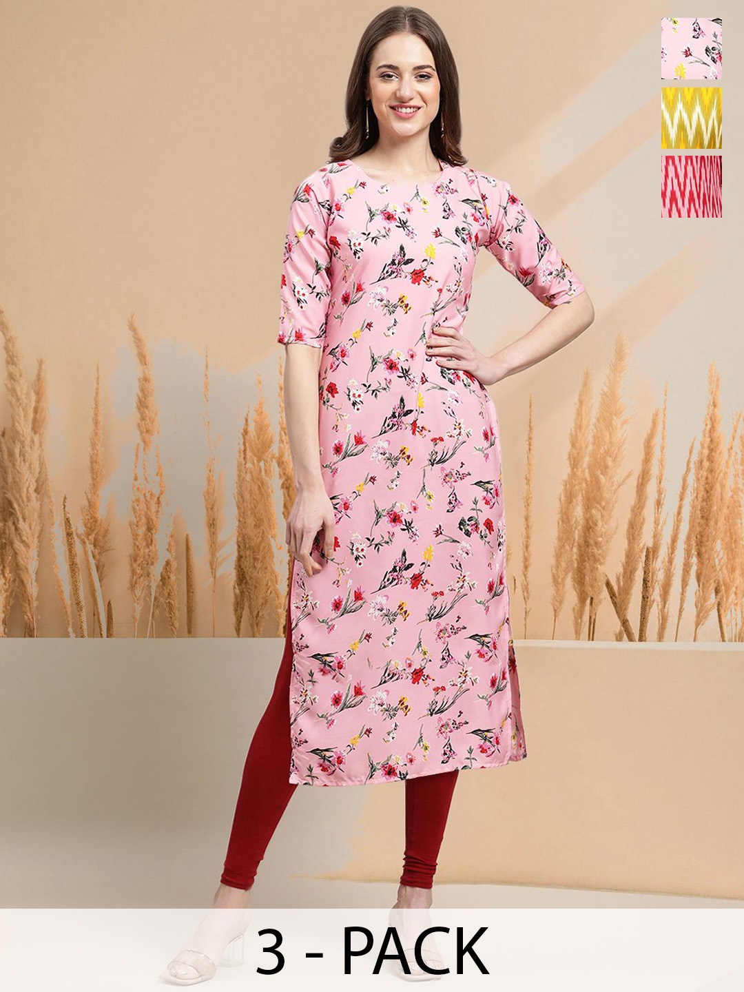 

7Threads Selection of 3 Floral Printed Round Neck Straight Kurtas, Pink