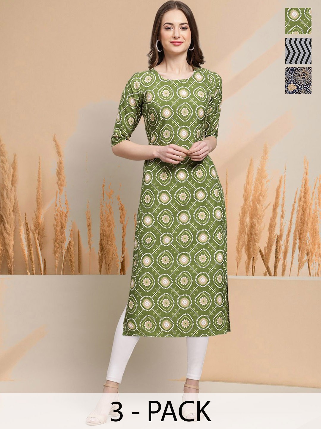 

7Threads Selection Of 3 Floral Printed Round Neck Straight Kurtas, Green