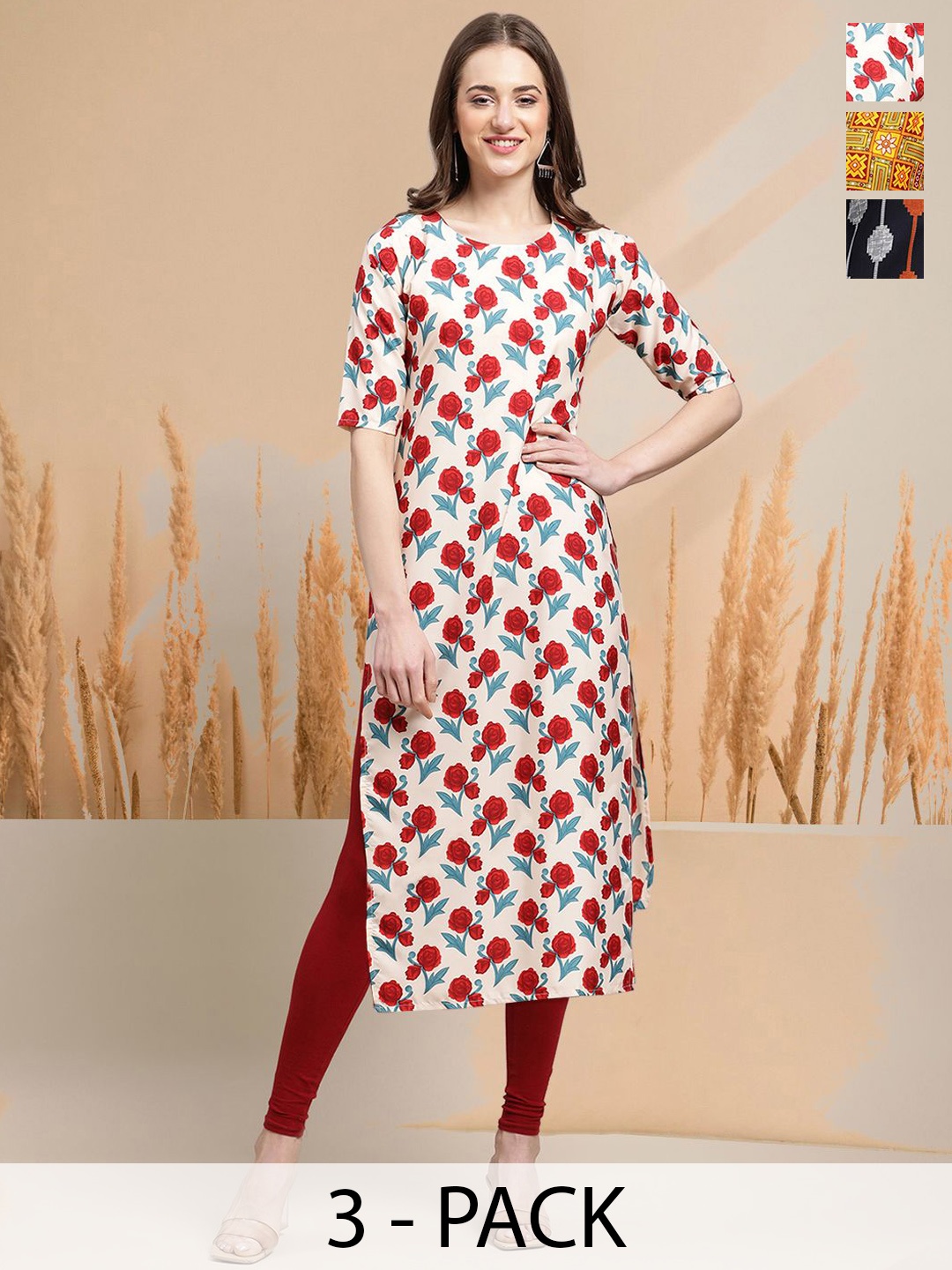 

7Threads Selection of 3 Floral Printed Round Neck Straight Kurtas, White