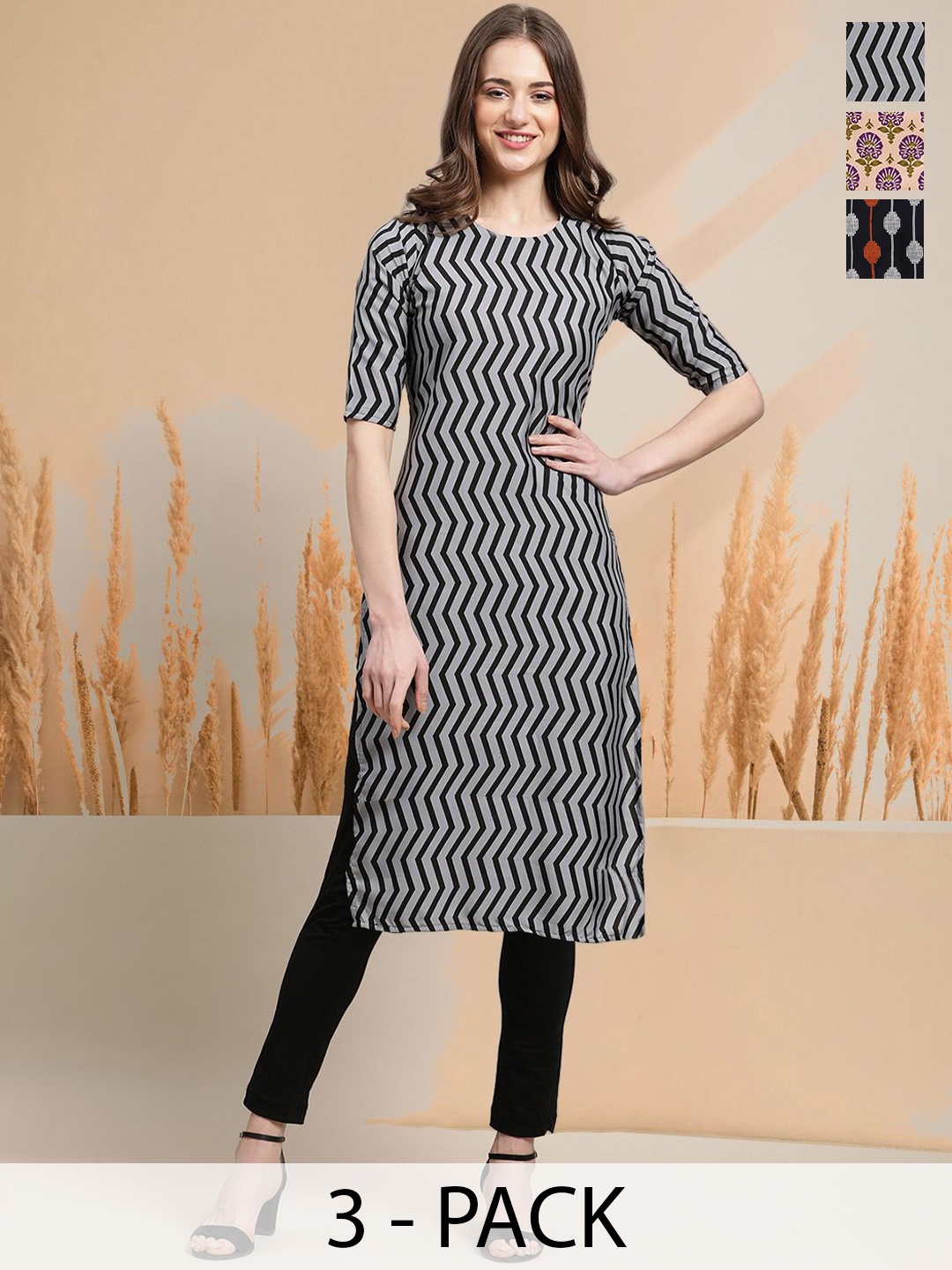 

7Threads Selection of 3 Chevron Printed Round Neck Straight Kurtas, Multi