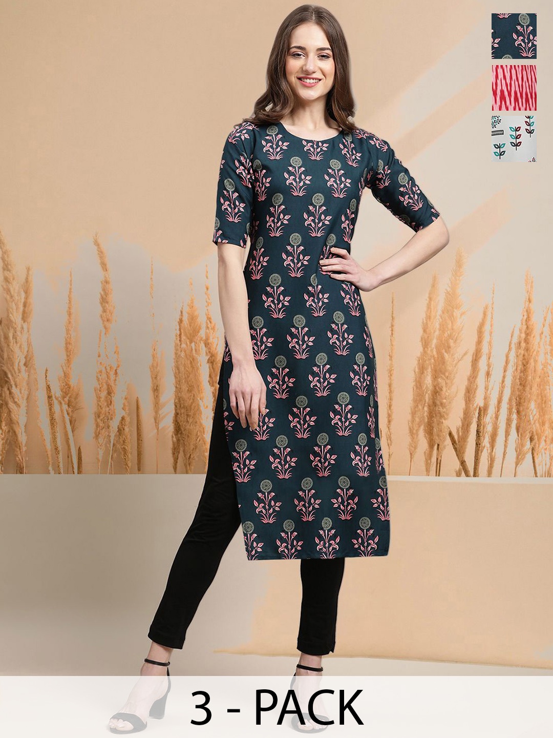 

7Threads Selection Of 3 Ethnic Motifs Printed Round Neck Straight Kurtas, Green
