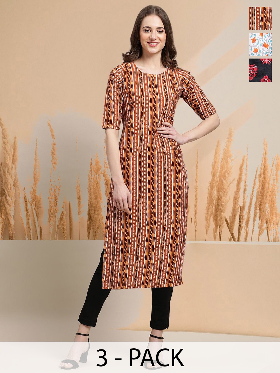 

7Threads Selection Of 3 Geometric Printed Round Neck Straight Kurtas, Brown