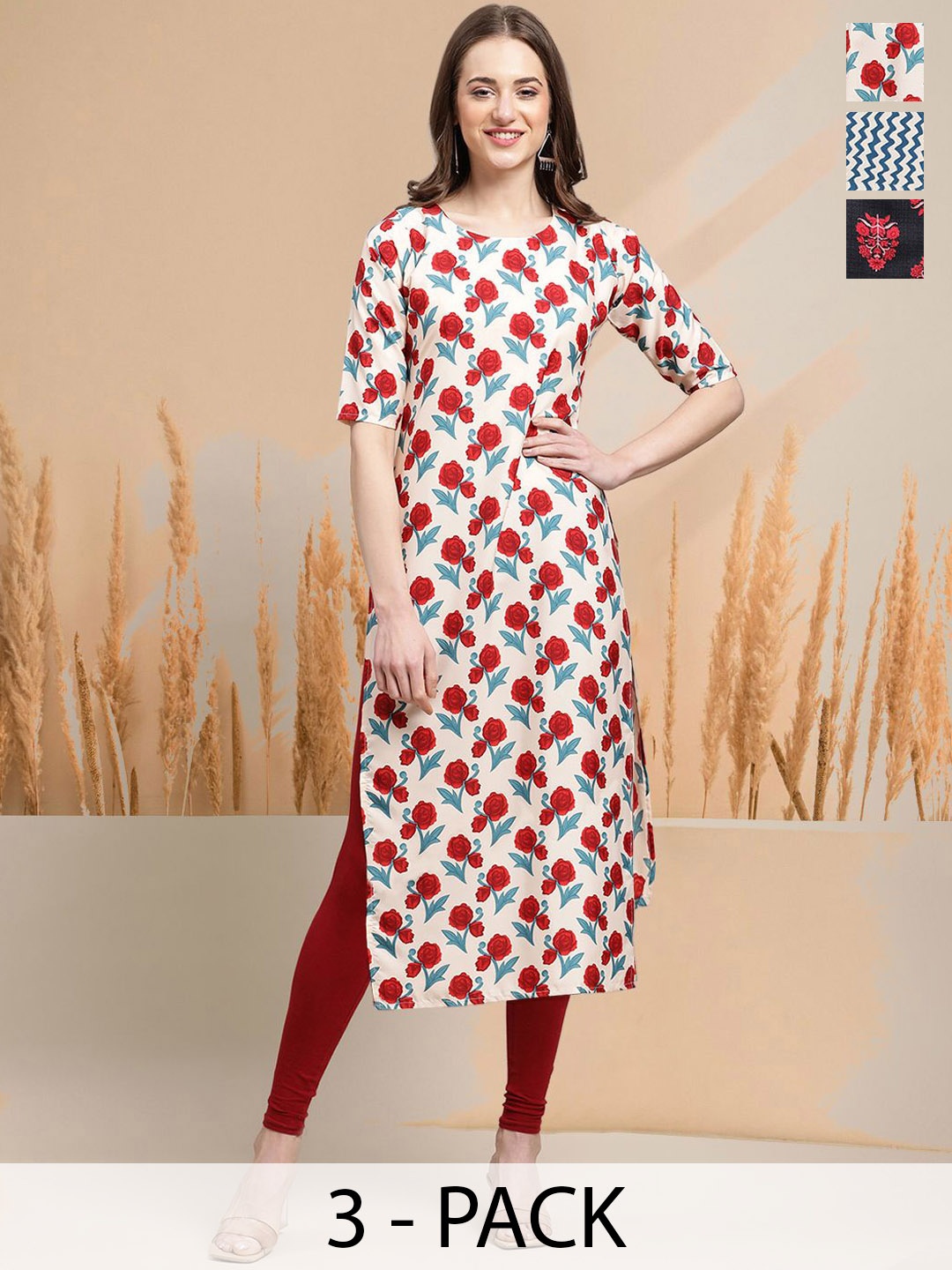 

7Threads Selection Of 3 Floral Printed Round Neck Straight Kurtas, Cream