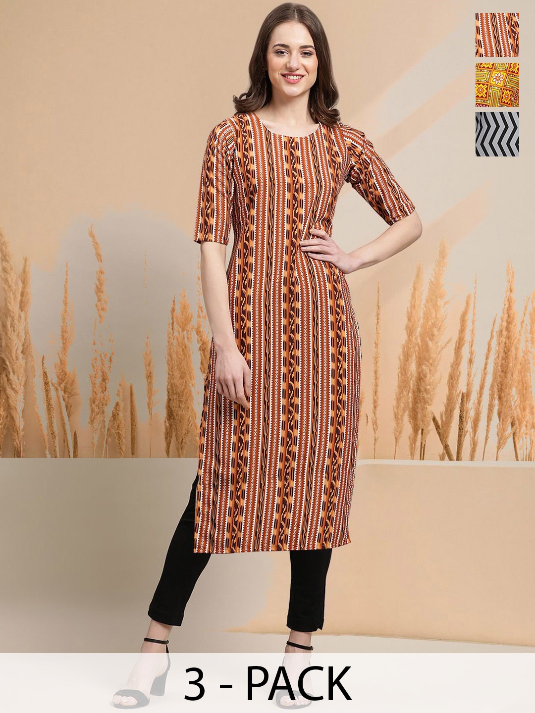 

7Threads Selection Of 3 Ethnic Motifs Printed Round Neck Straight Kurtas, Brown