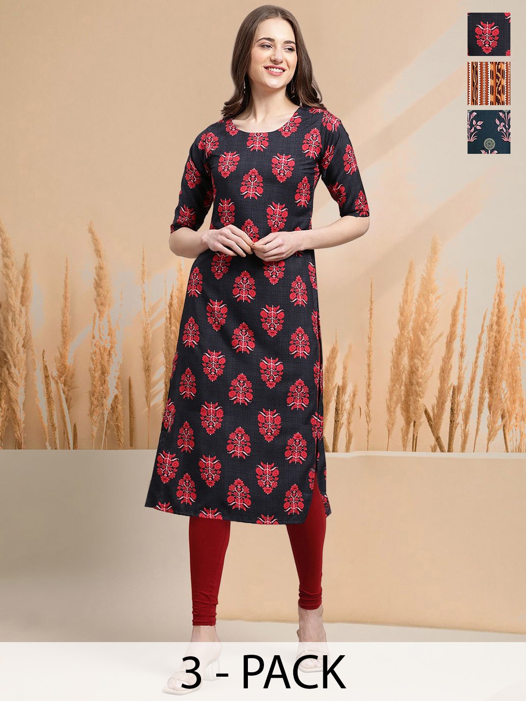 

7Threads Selection Of 3 Floral Printed Round Neck Straight Kurtas, Navy blue