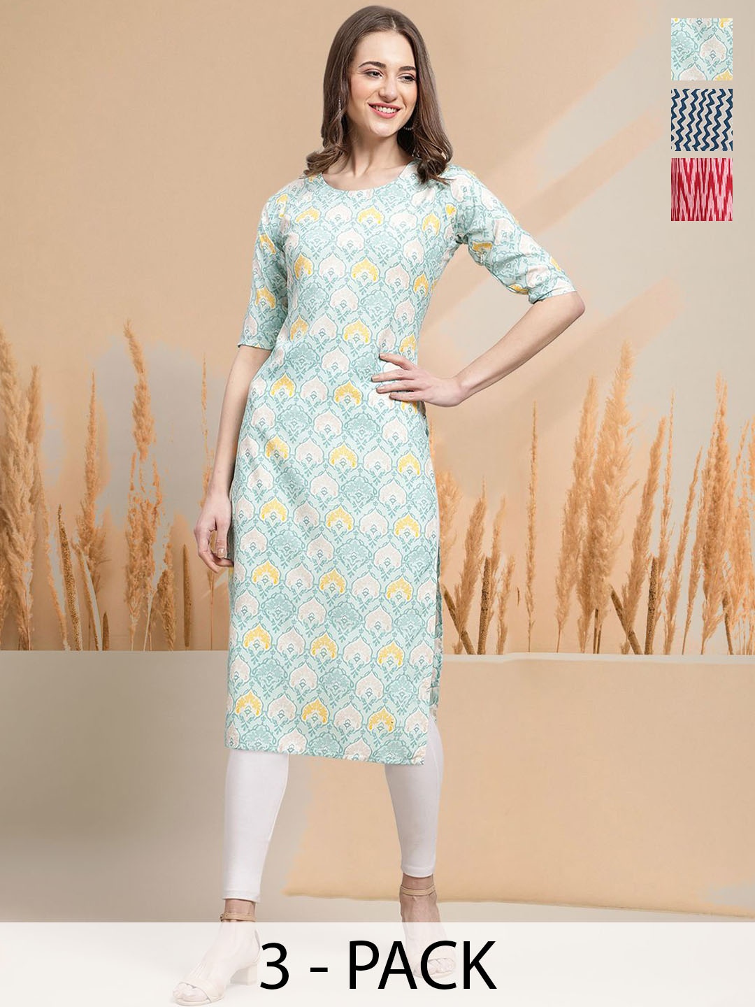 

7Threads Selection Of 3 Floral Printed Round Neck Straight Kurtas, Blue