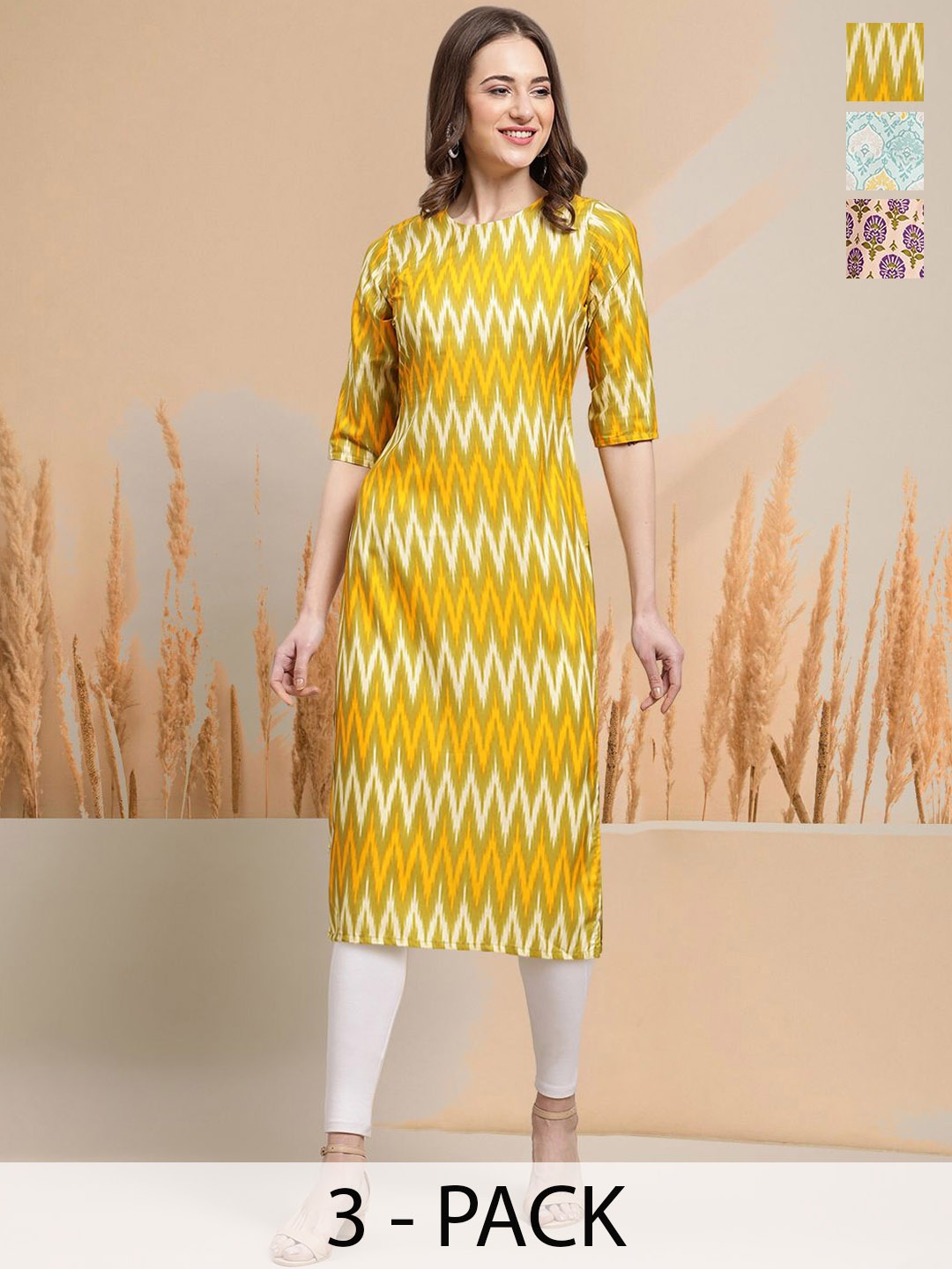 

7Threads Selection Of 3 Chevron Printed Straight Kurtas, Yellow