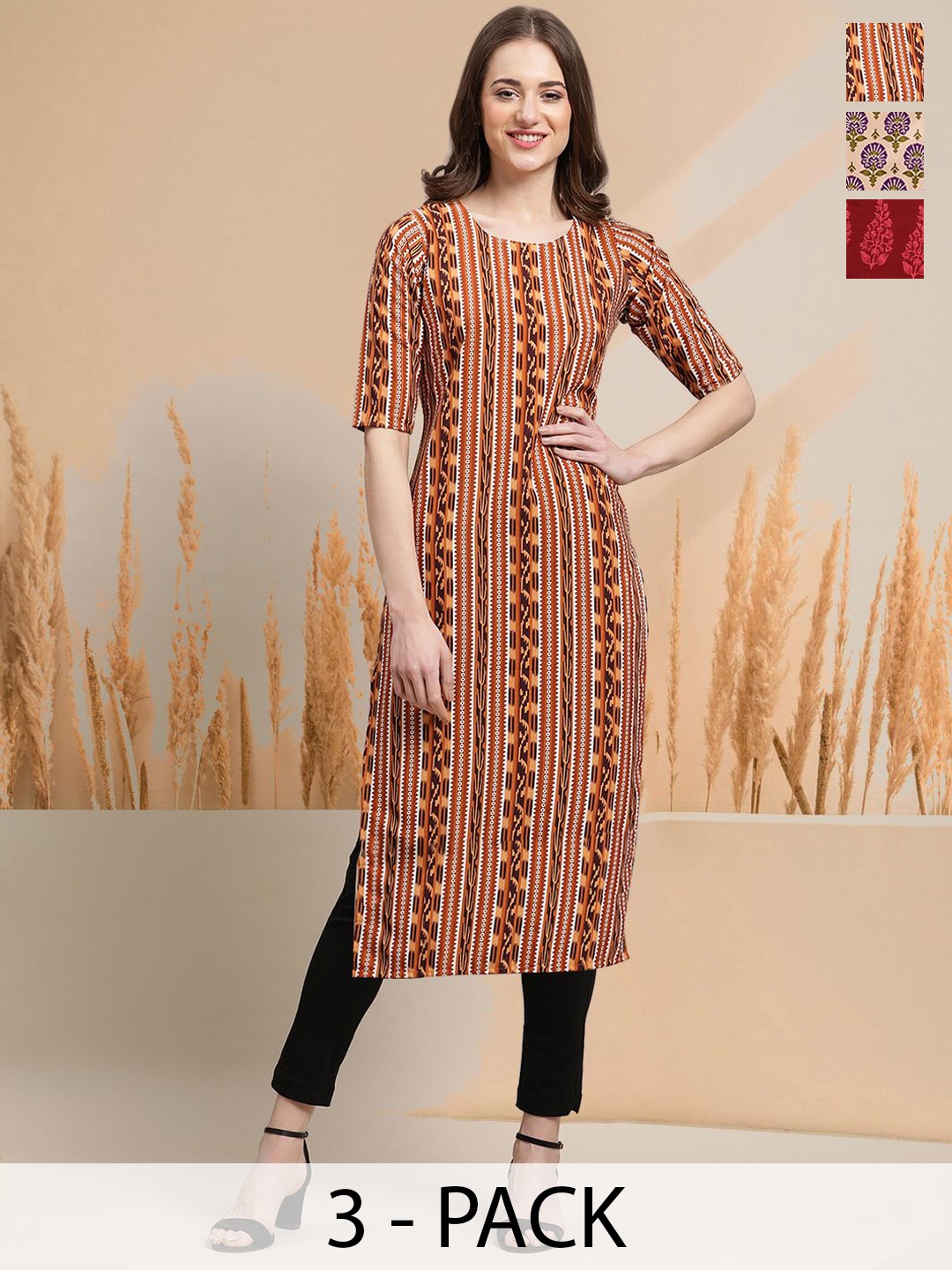 

77Threads Selection of 3 Geometric Printed Round Neck Straight Kurtas, Rust