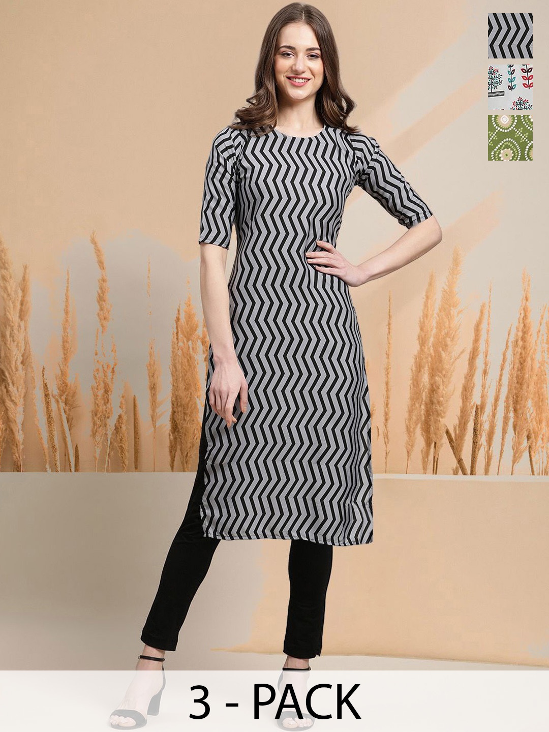 

7Threads Selection Of 3 Chevron Printed Round Neck Straight Kurtas, Black