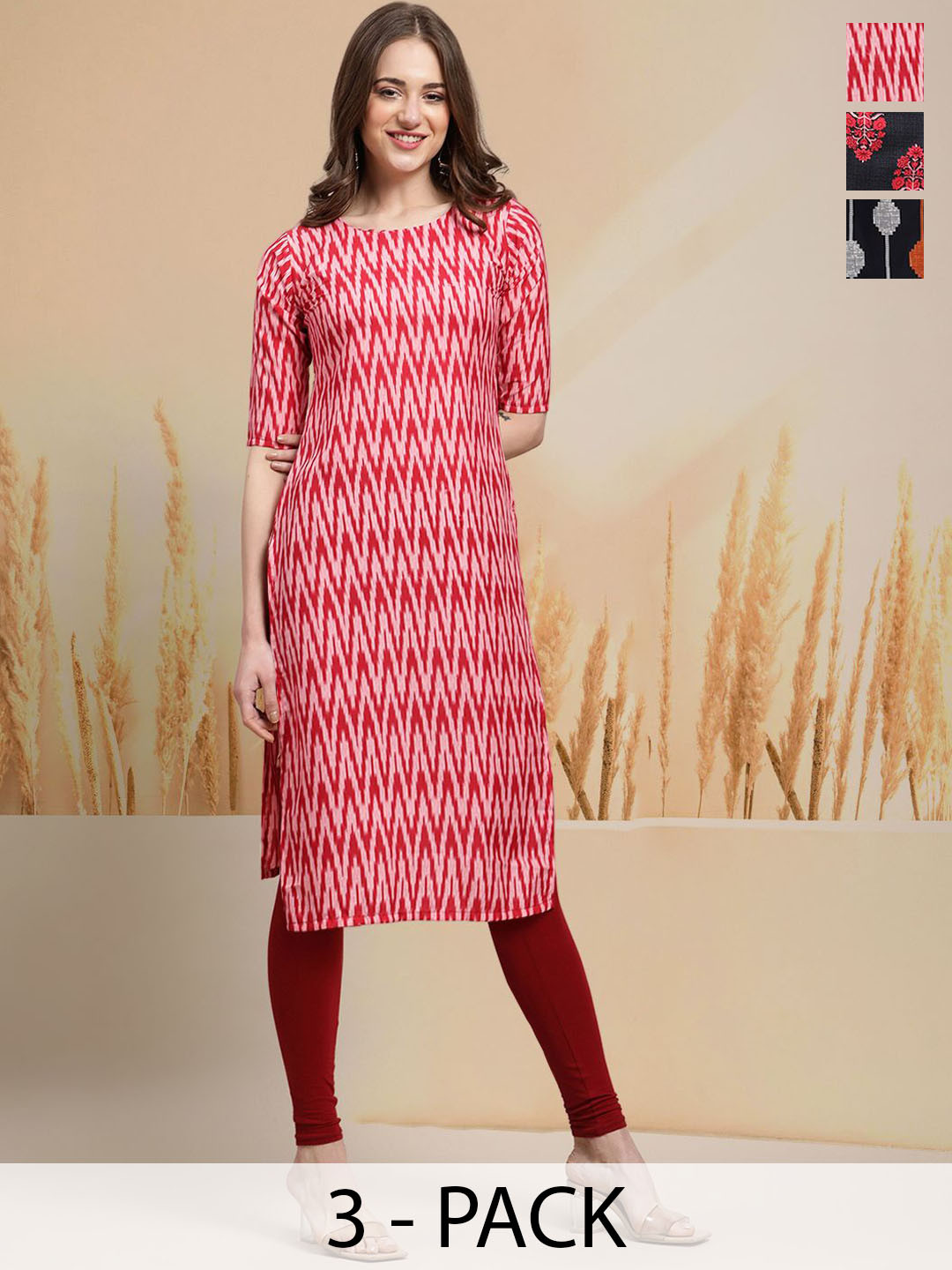 

7Threads Selection Of 3 Chevron Printed Round Neck Straight Kurtas, Red