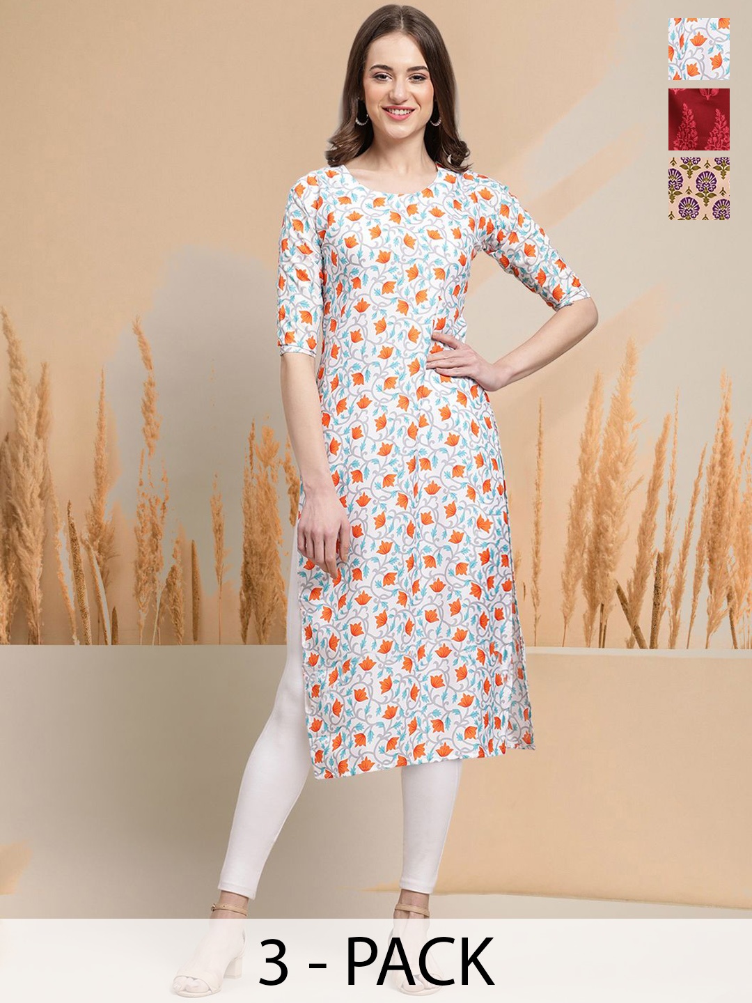

7Threads Selection Of 3 Floral Printed Round Neck Straight Kurtas, Pink