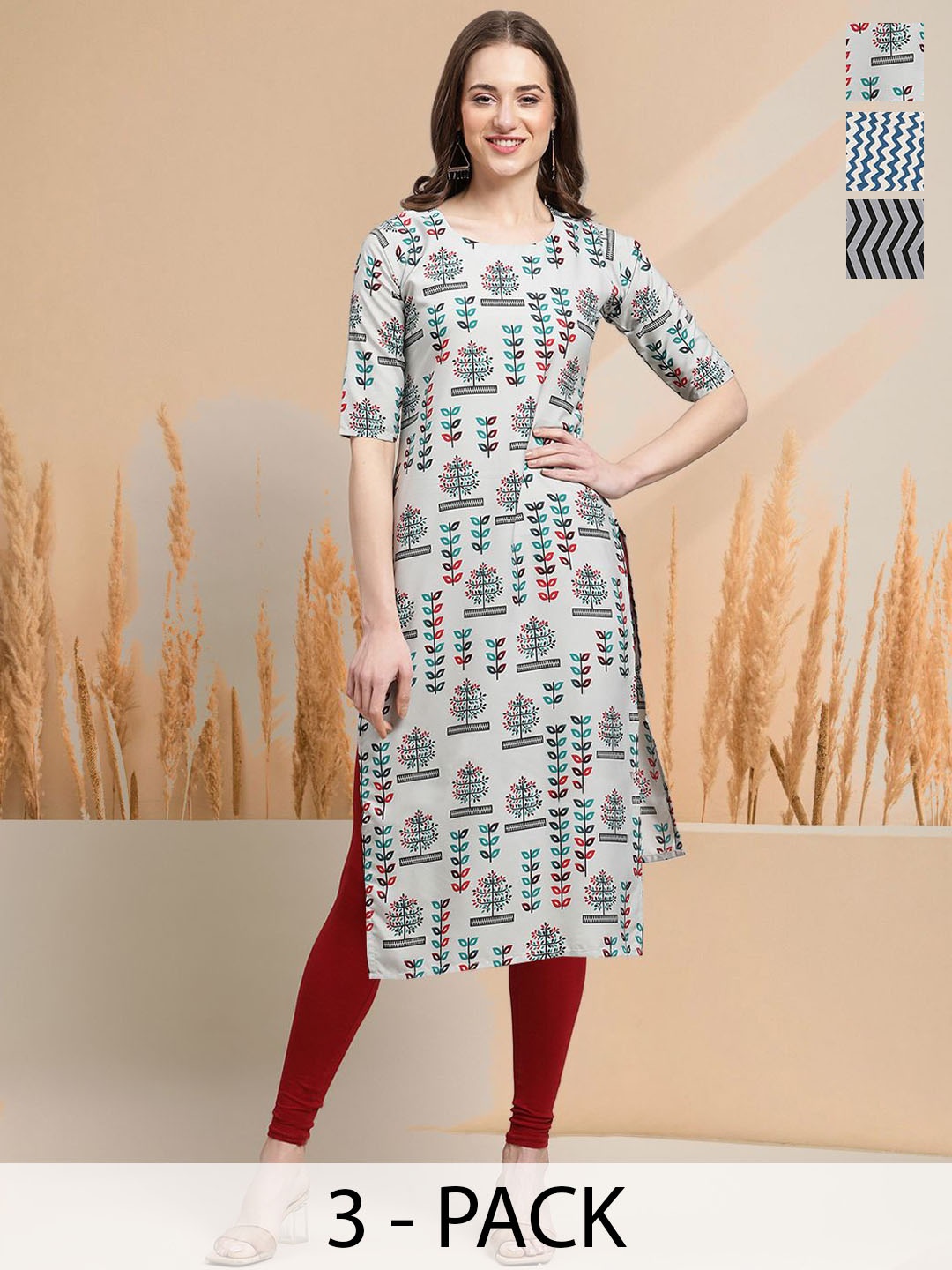 

7Threads Selection Of 3 Floral Printed Round Neck Straight Kurtas, Grey