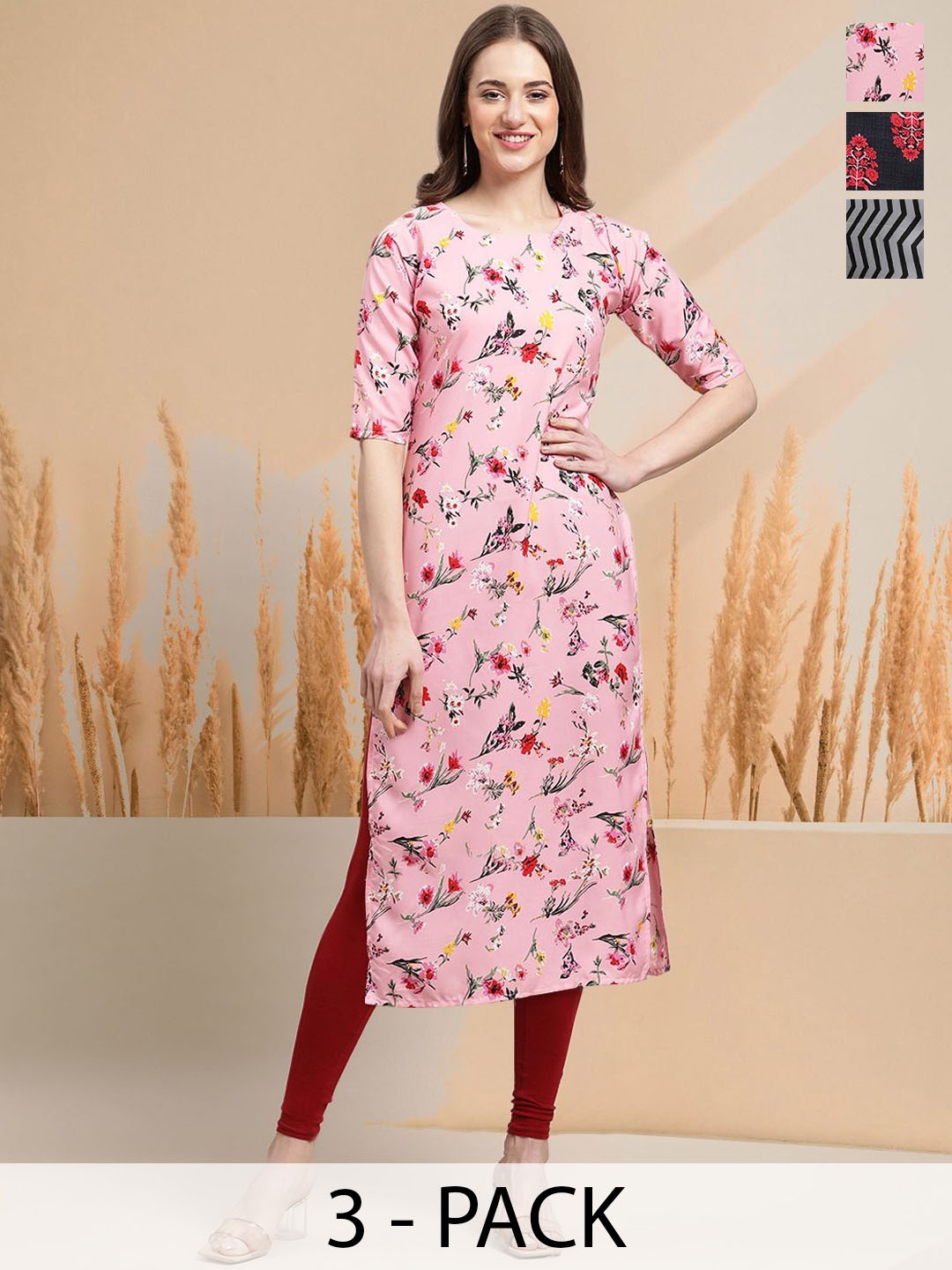 

7Threads Selection of 3 Floral Printed Round Neck Straight Kurtas, Pink