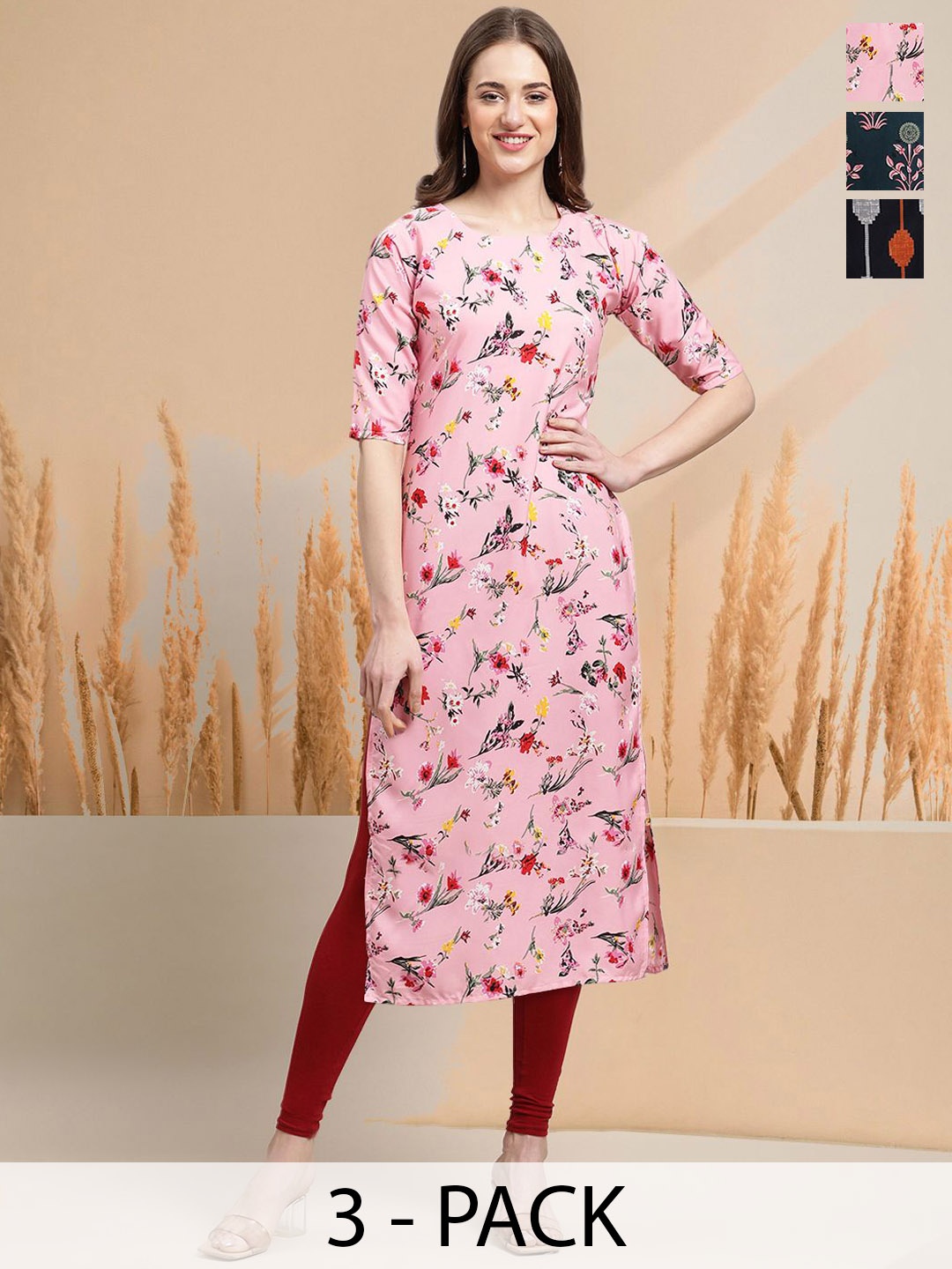 

7Threads Selection Of 3 Floral Printed Round Neck Straight Kurtas, Pink