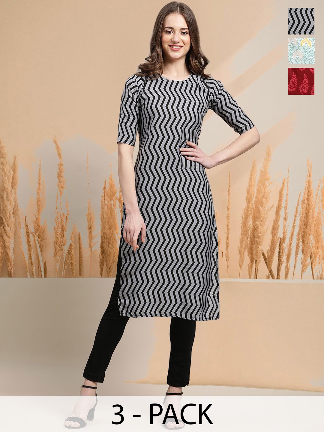 

7Threads Selection Of 3 Chevron Printed Round Neck Straight Kurtas, Grey