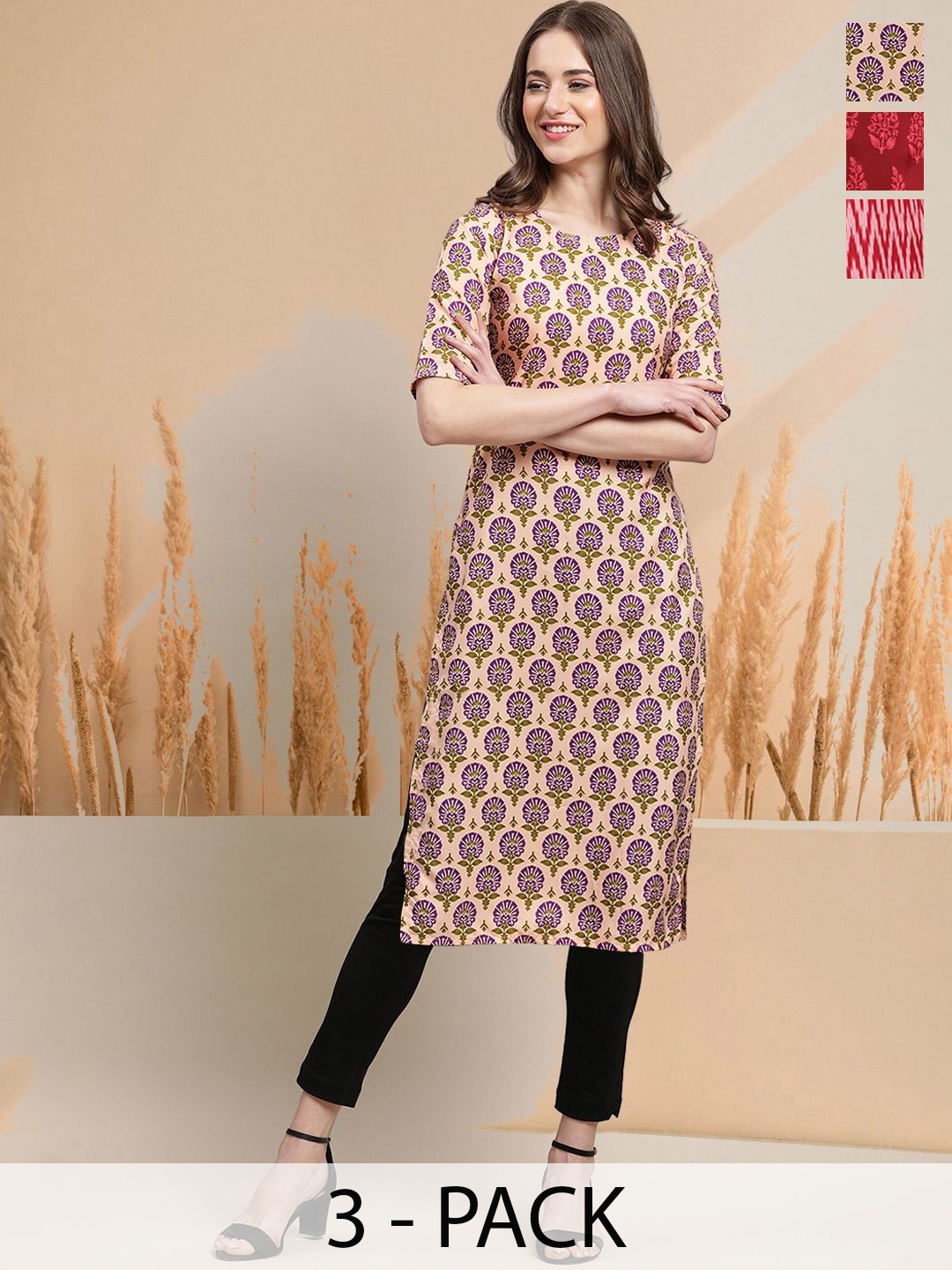 

7Threads Selection Of 3 Floral Printed Round Neck Straight Kurtas, Peach