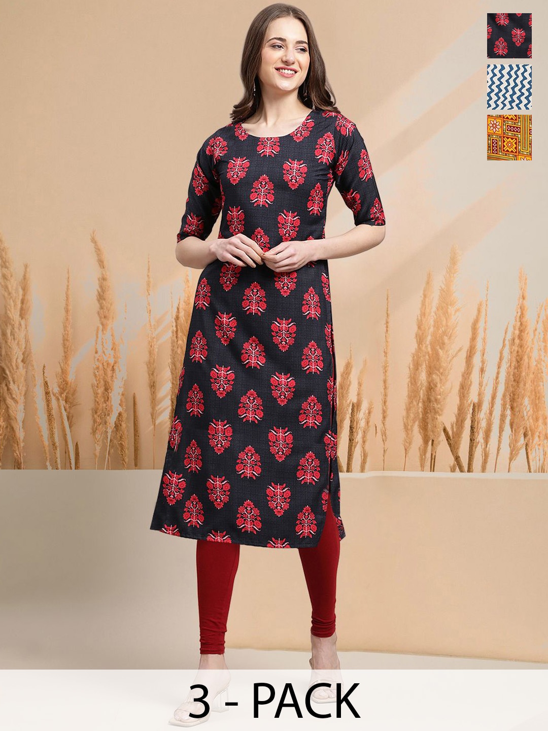 

7Threads Selection Of 3 Floral Printed Round Neck Straight Kurtas, Navy blue