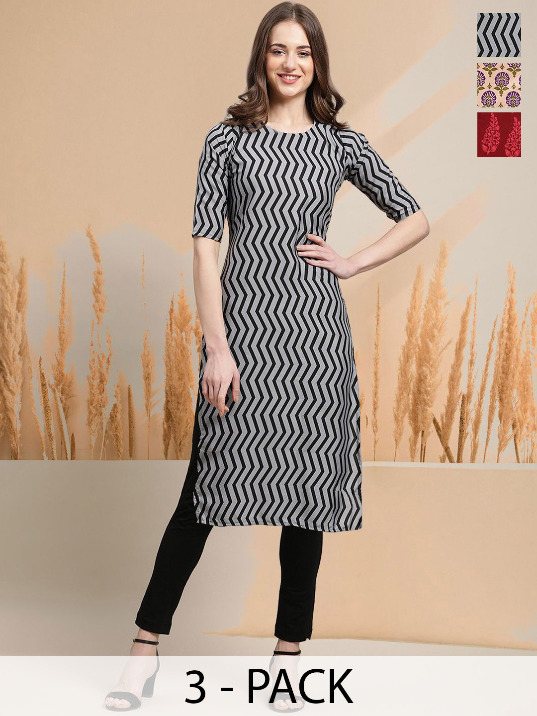 

7Threads Selection Of 3 Chevron Printed Round Neck Straight Kurtas, Black