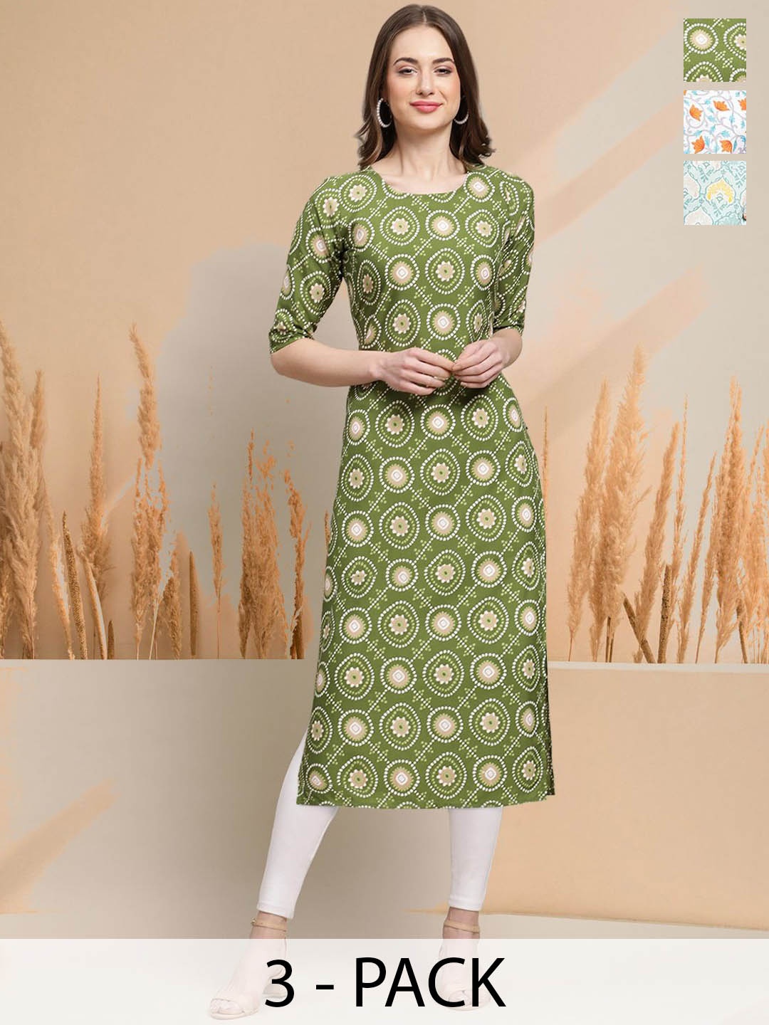 

7Threads Selection of 3 Ethnic Motifs Printed Round Neck Straight Kurtas, Green