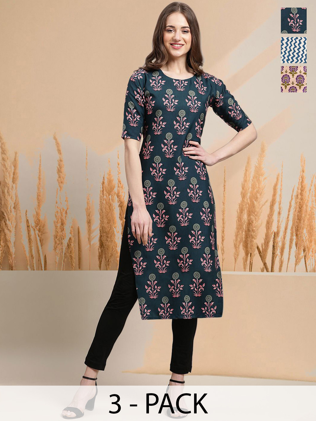 

7Threads Selection Of 3 Floral Printed Round Neck Straight Kurtas, Black